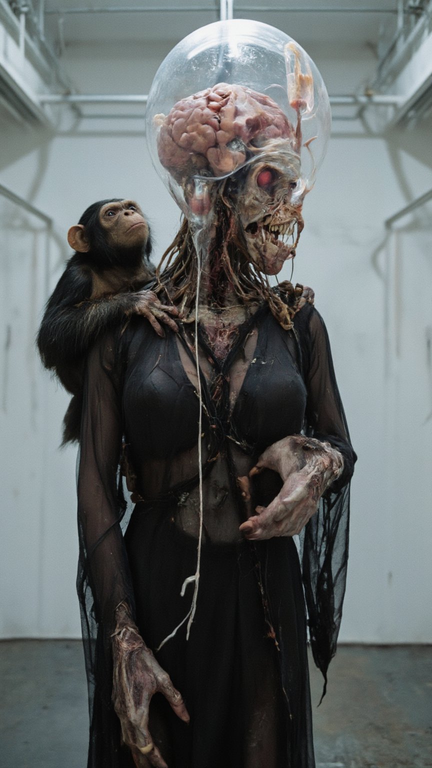 A creepy humanoid character with very long and thin limbs, dressed in futuristic armor and black dress with rust and deformations, a huge brain is visible from above the head under a glass dome, biological tubes with red liquid in the flesh, a mouth sewn up with thick threads, a creepy elongated face with two jaws, arteries and veins are visible on the skin, full growth, full body, location - a perfectly clean white sci-fi laboratory room, chimpanzee animal sits on the shoulder, ultra realistic photo, horror sci-fi theme, mechanical body parts, experimental style, abandoned, surreal, cinematic film