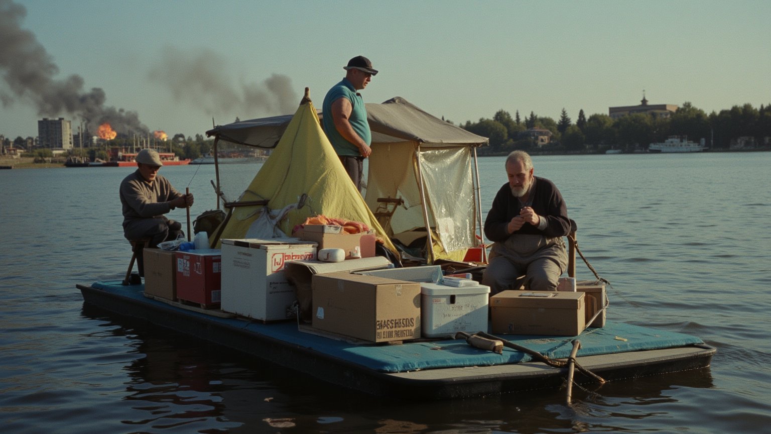 cinematic medium shot film still, high contrast:1, a cinematic motion picture film, artistic creative color photography style, Kodak color film style, cinemascope, film grain, (Two old hunters are floating down the river on a homemade raft full of provisions, boxes and all sorts of household items, there is a tourist tent at the stern of the raft, the silhouette of an apocalyptic burning ruins scape with explosions in smoke is visible on the horizon, evening).