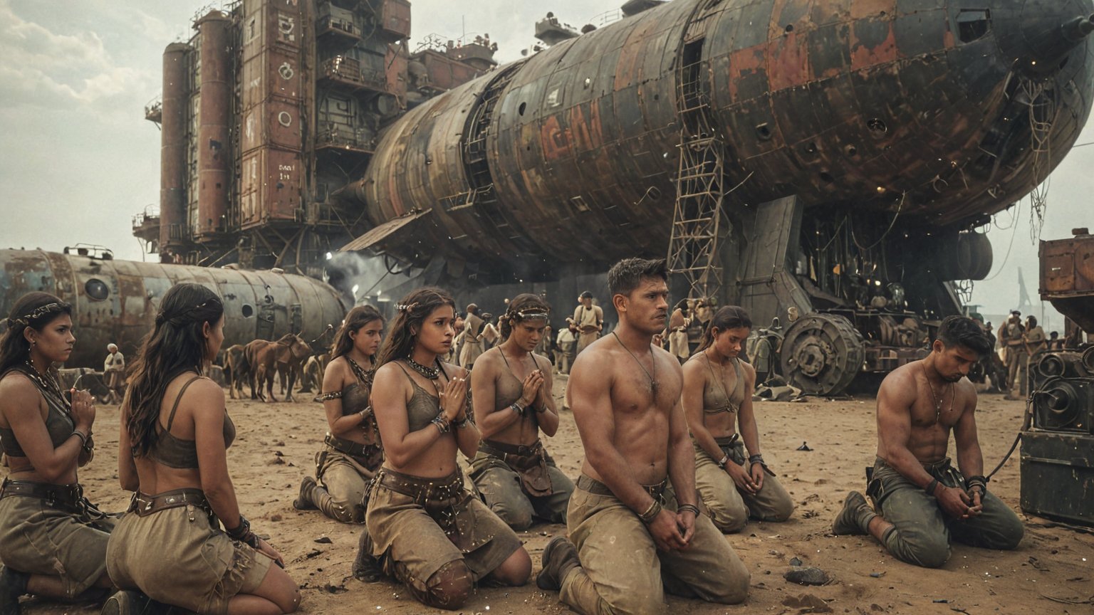 (close-up shot of a tribe of Indians pray on their knees to a huge dieselpunk airship), (there are horses standing nearby), (a lot of small dieselpunk cargo containers), (vintage retro futuristic dystopian dieselpunk atmosphere), (dieselpunk desert background), (vintage sci-fi), (determined expression:1.3), dystopian era, realistic, ambient light, cinematic composition, wide-angle lens, best quality, masterpiece