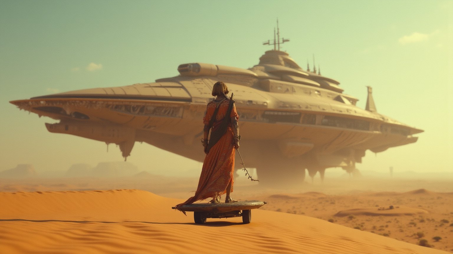 Ultra realistic close-up analog photo, depth of field, cinematic movie still, Egyptian gods stand on a levitating hoverboard in front of a huge mothership in the desert.