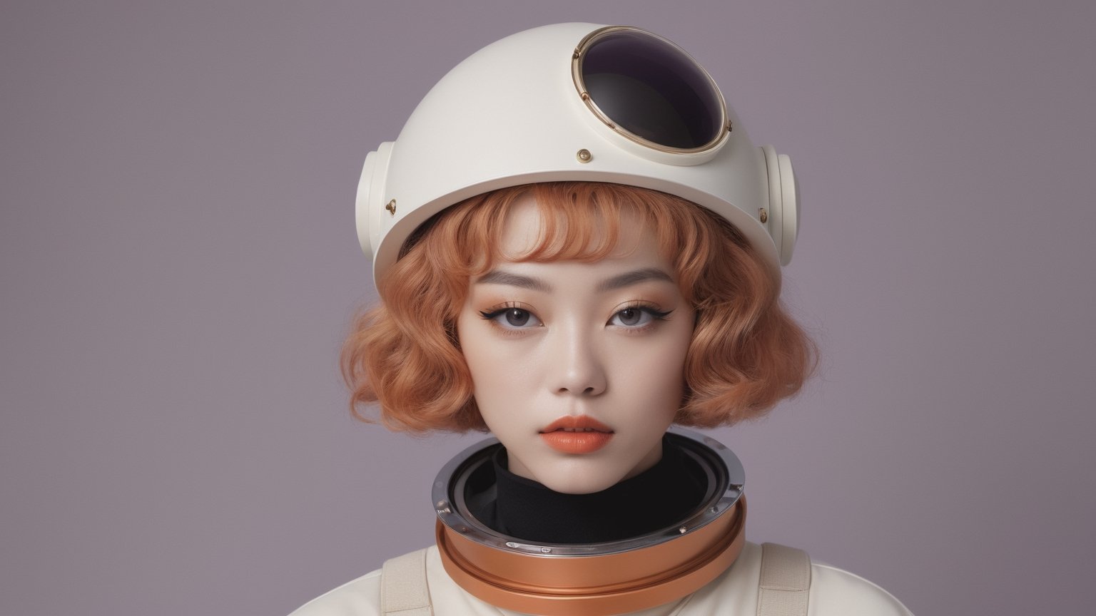 a photo of a minimal modern fashion shoot of a young Japanese girl with short orange curly hair, vitiligo, lilac lips and cat eyeliner, wearing an astronaut helmet, muted earthy colors, creative editorial photography, pale palette, beige background. The suit has an oversized look, photography style by Hedi Slimane photography, 10k resolution. The setting is one studio flash octa soft bank lights from top, against a dark grey background. The image should exhibit rich and high-quality details, showcasing modern cinematic realism. The shot is taken from an eye-level perspective, similar to the style achieved with a Canon 1D camera, using 40-70mm 2.8 lenses and a Topcor 58mm f/1.4 lens