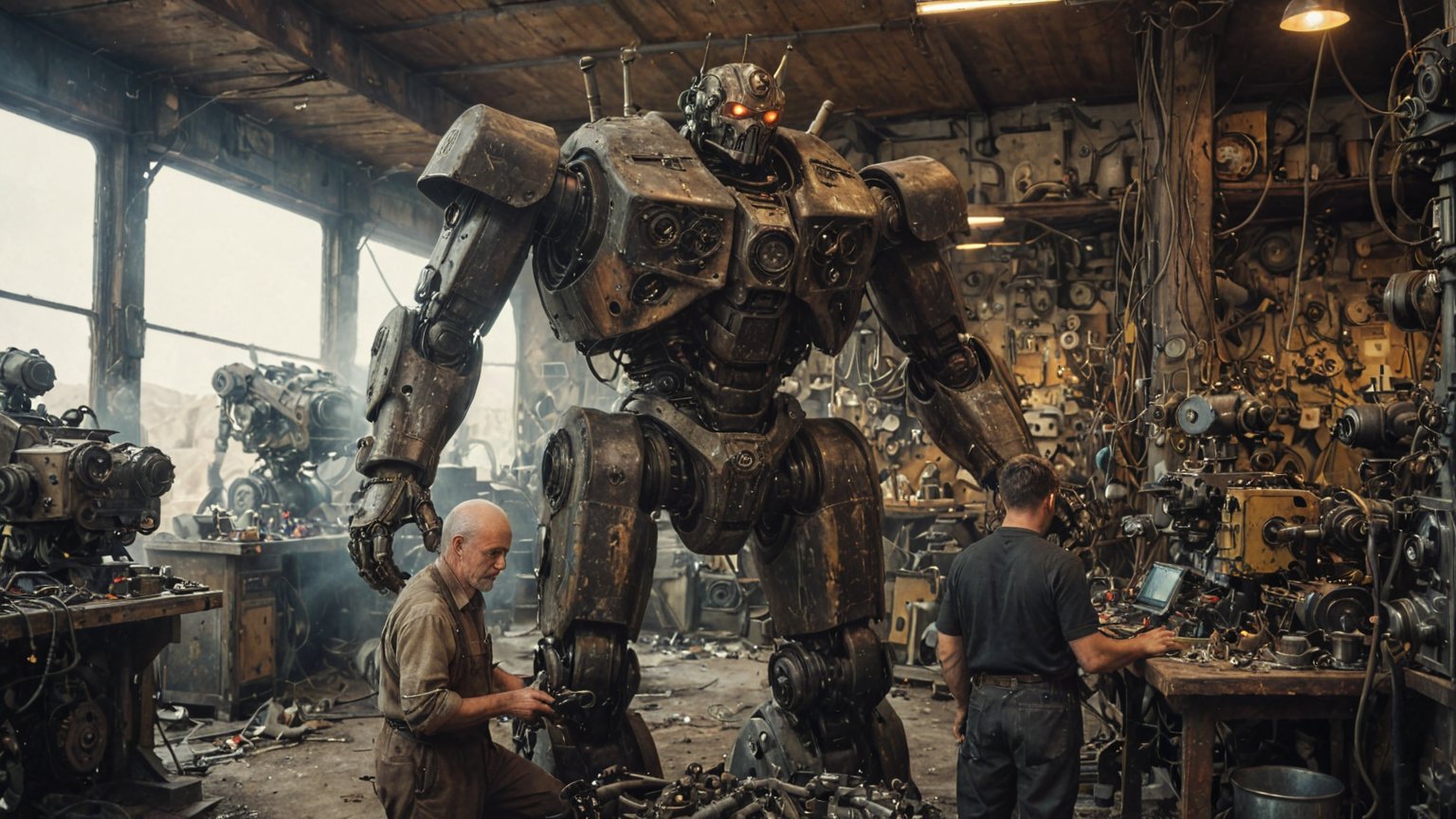 (medium shot of dieselpunk old man mechanic repairs huge mecha robot), (mechanical parts and devices are scattered everywhere), (vintage retro futuristic dystopian dieselpunk atmosphere), (dieselpunk garage in the desert rock background), (vintage sci-fi), (determined expression:1.3), dystopian era, realistic, ambient light, cinematic composition, wide-angle lens, best quality, masterpiece