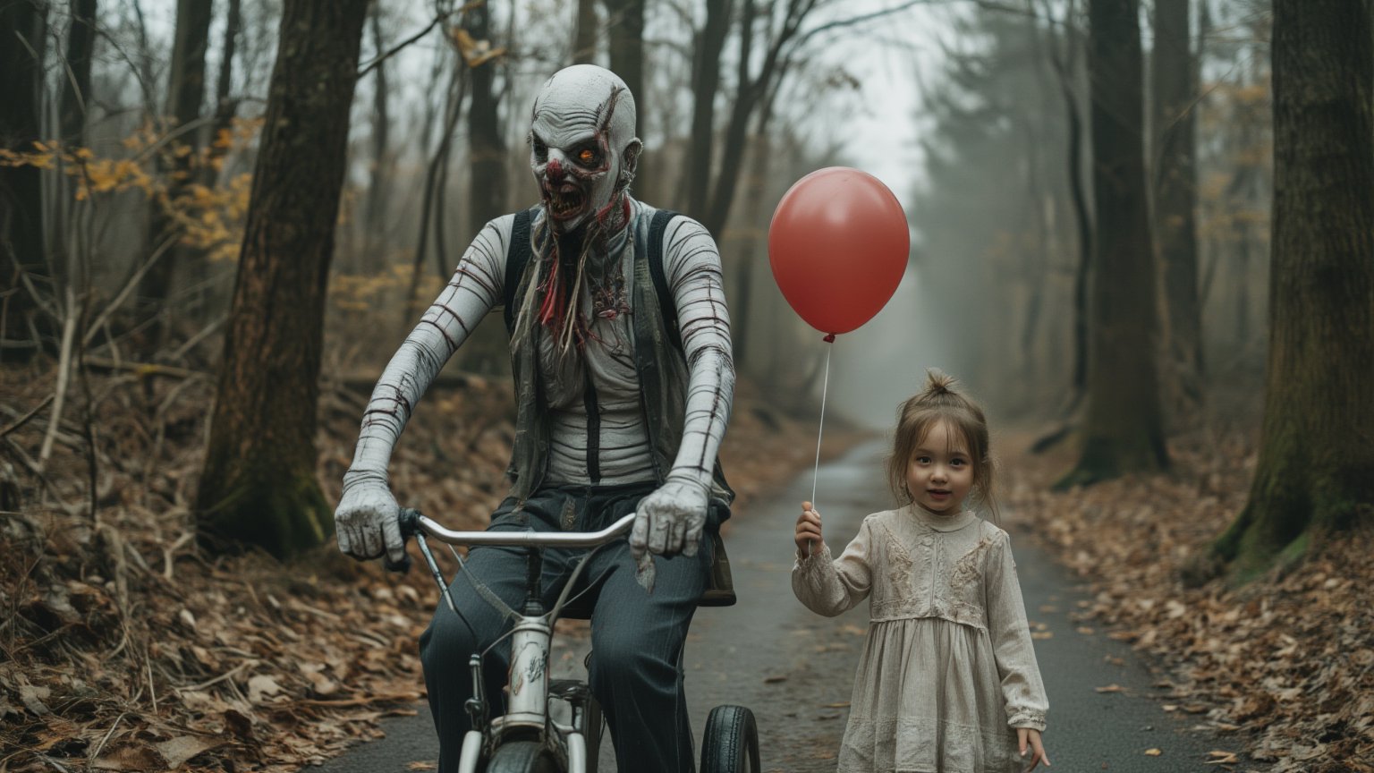 cinematic close-up shot film still, high contrast:1, a cinematic motion picture film, artistic creative color photography style, Kodak color film style, cinemascope, film grain, (Creepy arterial venous crooked humanoid monster clown creature with very long skinny arms sits on a tricycle and hands a balloon to a little happy girl. Location of an abandoned autumn morning park). Pontianak creepy). Pontianak creepy 