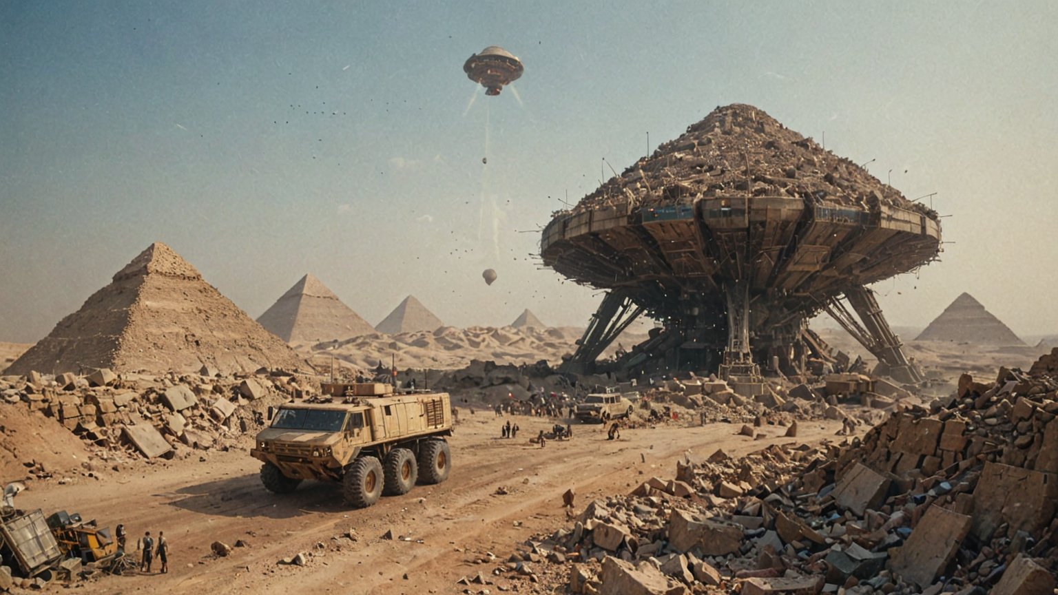 (medium shot of a 1 huge space station mother spaceship hangs in the sky above an Egyptian pyramid), (thousands of small workers in rags look up to the sky), (futuristic buldozers move along the roads to the pyramid in the distance), (vintage retro futuristic dystopian dieselpunk atmosphere), (dieselpunk desert background), (vintage sci-fi), (determined expression:1.3), dystopian era, realistic, ambient light, cinematic composition, wide-angle lens, best quality, masterpiece