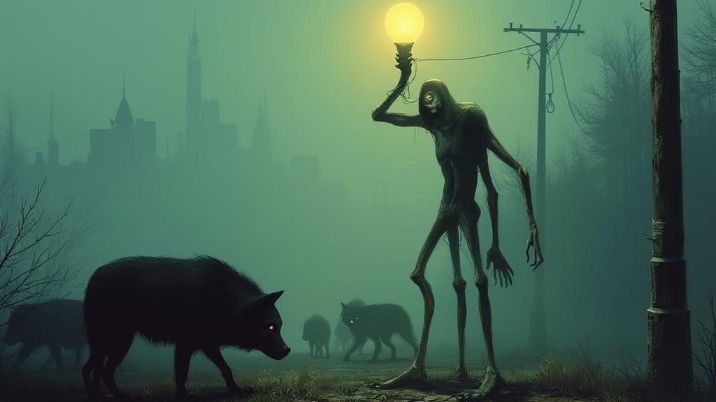 Generate a realistic image in the "FLUX" model, channeling the unsettling, surreal style of Zdzislaw Beksinski. The scene depicts a creepy, thin, and very tall humanoid figure with gaunt, elongated limbs, unscrewing a light bulb from a weathered street lamp. Nearby, a pack of wolves lurks in the shadows, their eyes gleaming with a predatory glint. The atmosphere is eerie and foreboding, with a foggy, dystopian backdrop that enhances the sense of dread and otherworldliness. SamYoung_Illustrations style