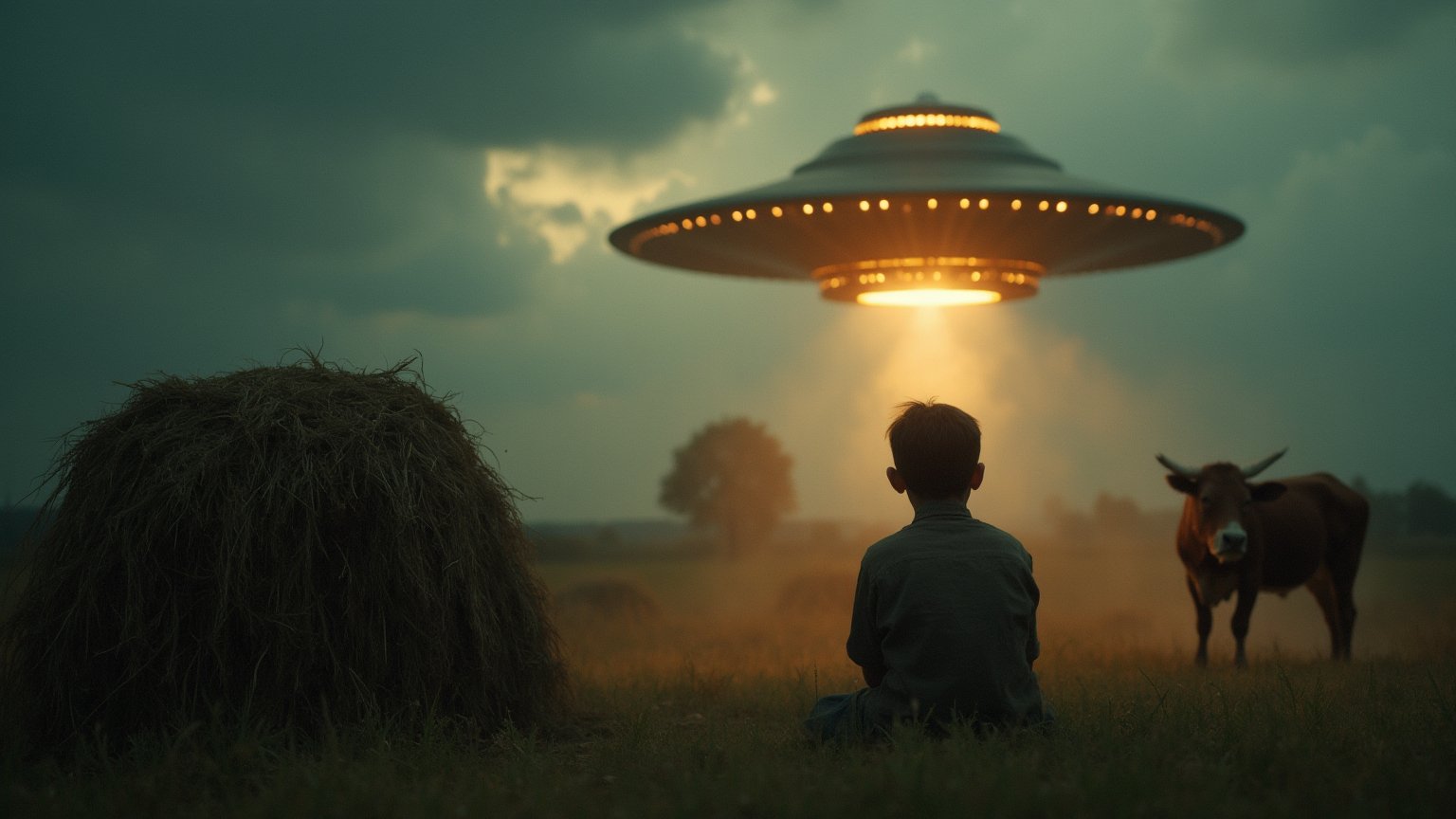 Ultra realistic close-up analog photo, depth of field, cinematic movie still, a scared village boy sits near a haystack watching a huge UFO flying saucer that abducts a cow with a beam of bright light from the bottom.