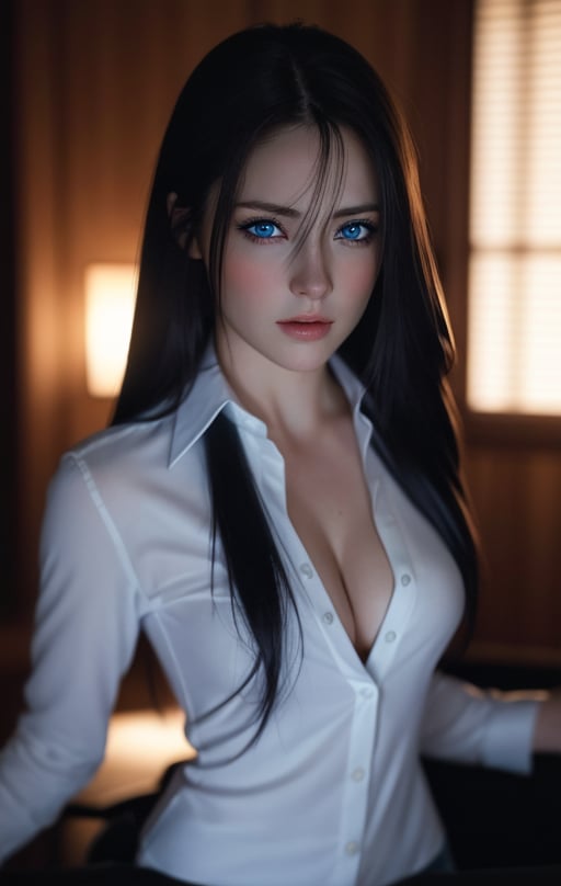 Best quality, masterpiece, ultra high res, (photorealistic:1.37), raw photo, 1girl, long hair, blue eyes,  detailed eyes and face, perfect anatomy. perfect fingers.  white shirt, dynamic lighting, in the dark, deep shadow, low key, cowboy shot
