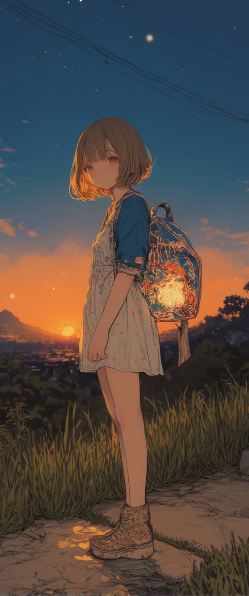 a medium-sized anime girl stands in front of a window(night). She is wearing a light-colored dress, adorned with a floral pattern, and a pair of brown boots with laces on them. Her hair is short, cascades over her shoulders, adding a touch of warmth to the scene. The girl's dress is adorned with small orange stars and a blue shirt with a white design on it, she is wearing a luminiscent and transparent cristal backpack,glowing. She stands on a concrete sidewalk, her left leg is crossed, and her right leg is slightly bent at the elbow. Her left foot is crossed at the knee, while her right foot is straight at the bottom. The backdrop is a vast expanse of grass, with a mountain in the distance. The sky is a deep blue, and the sun is setting, creating a soft glow.