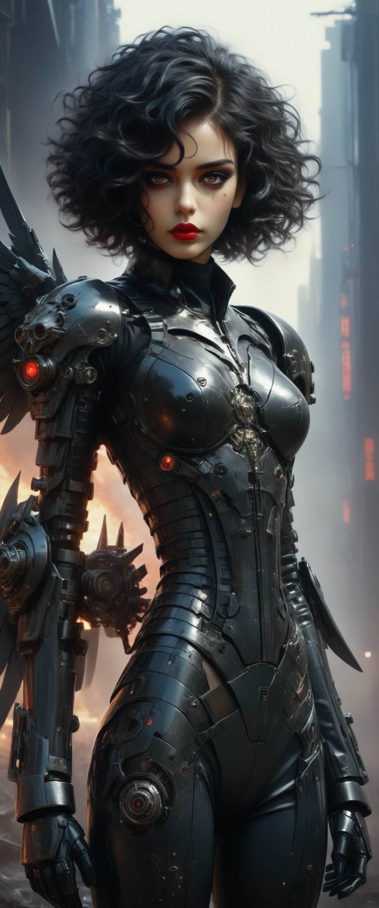 (by Loish, Leyendecker, james gilleard),  A full body shot of a young goth woman, short black curly hair, slightly smiling, one raised eyebrow, wearing a black metal cyborg suit , red lips, dark eye makeup, dark future battlefield background, ,heavy_jacket,Fire Angel Mecha,mecha\(hubggirl)\