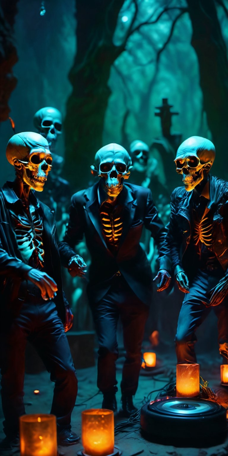 a group of skeleton dj dancing in a cementery party,  ,  . dark tense and unsettling atmosphere.cementery by ctmaker on Te...