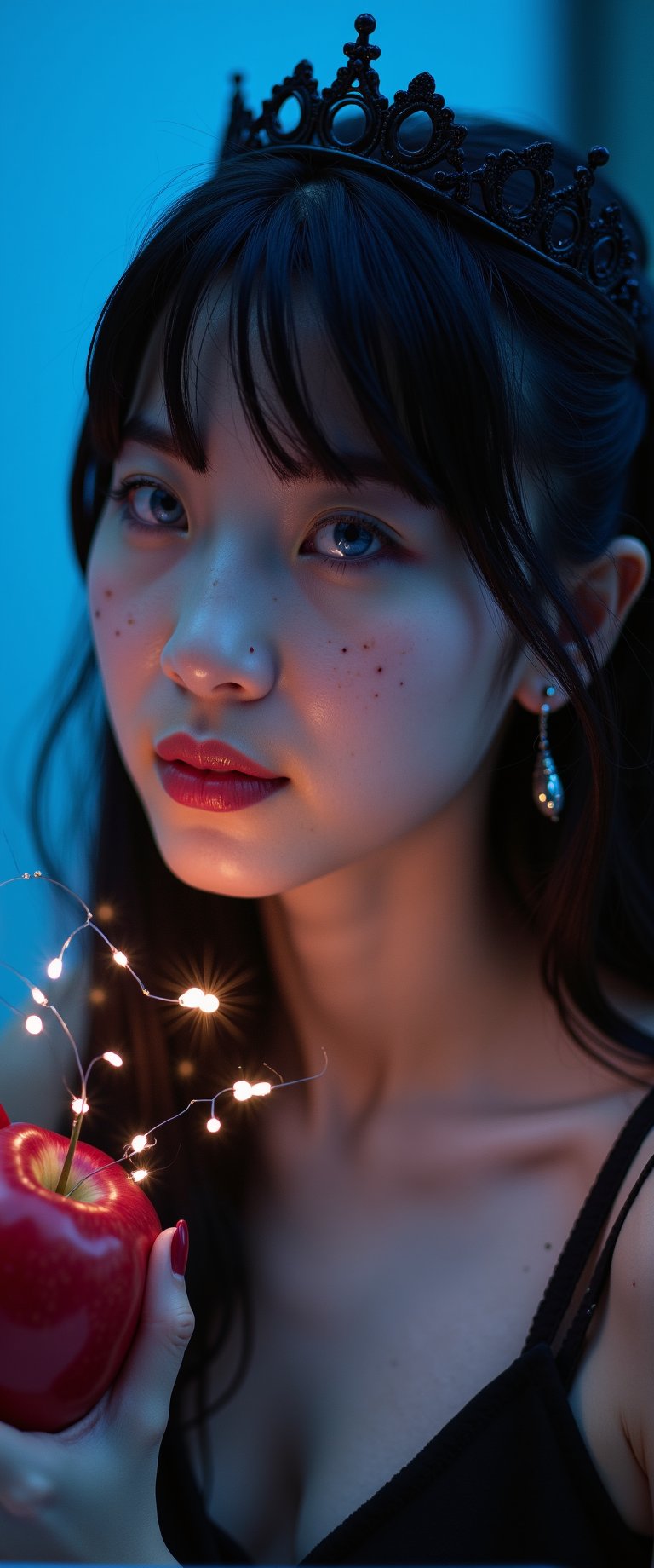 A cinematic close-up shot of a single girl with long, flowing hair and piercing blue eyes, gazing directly at the viewer. Dimly lit, the scene is bathed in misty, realistic lighting that accentuates her features. Her bangs frame her face as she holds a juicy red apple, its sparks catching the light. Chiaroscuro highlights the contours of her upper body, where she wears elegant earrings and a delicate crown. Freckles dance across her cheeks as her lips curve into a subtle smile. The blue background adds depth to the composition, with the dark tones creating a sense of mystery., ct-jissoo,ct-amantity,ct-chasartre