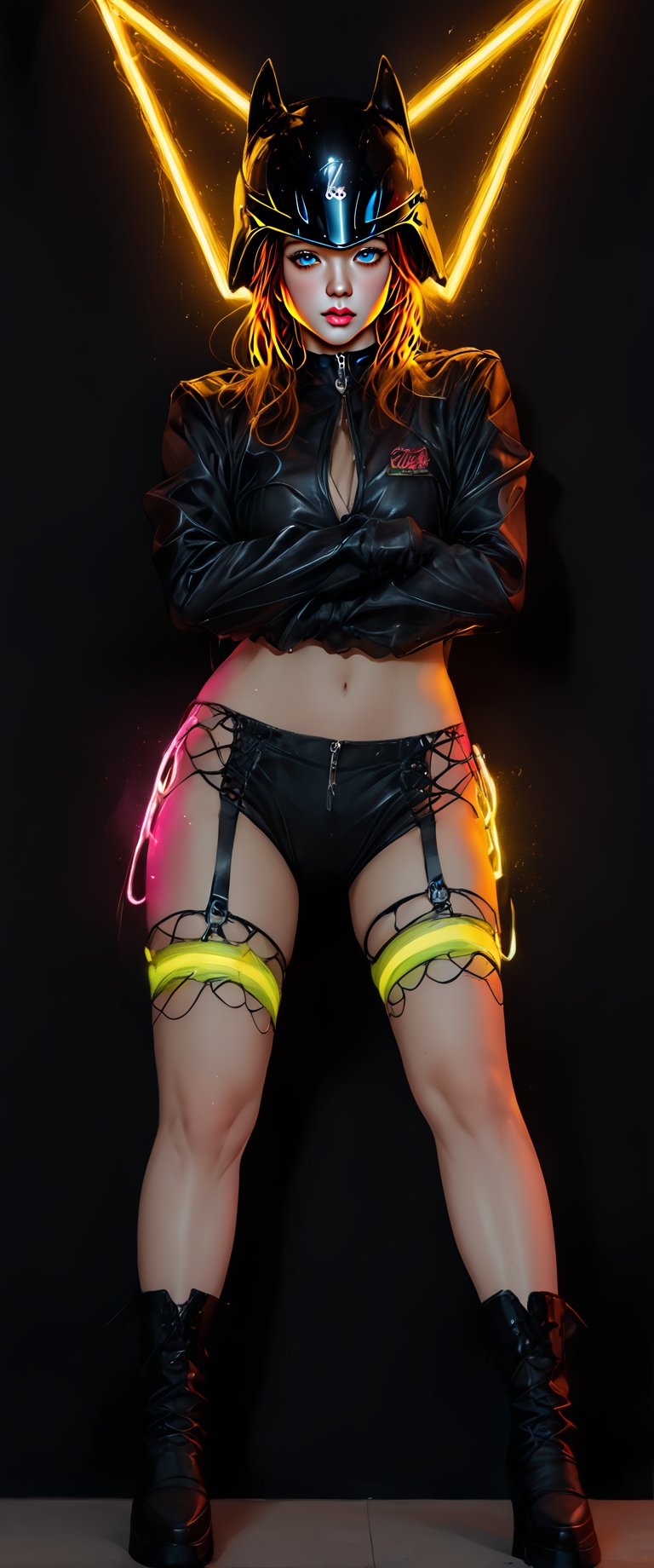 A solo android stands confidently in a simple black background, surrounded by a yellow neon triangle advertisement. Her semi-nude figure is clad in tight latex with neon implants, garter belt, and stockings, paired with over-knee boots. The Biker's full-face helmet has a striking sticker on the side. Legs spread wide, hands resting on hips, she exudes sensual confidence. The floor reflects the neon lights, creating a futuristic ambiance.