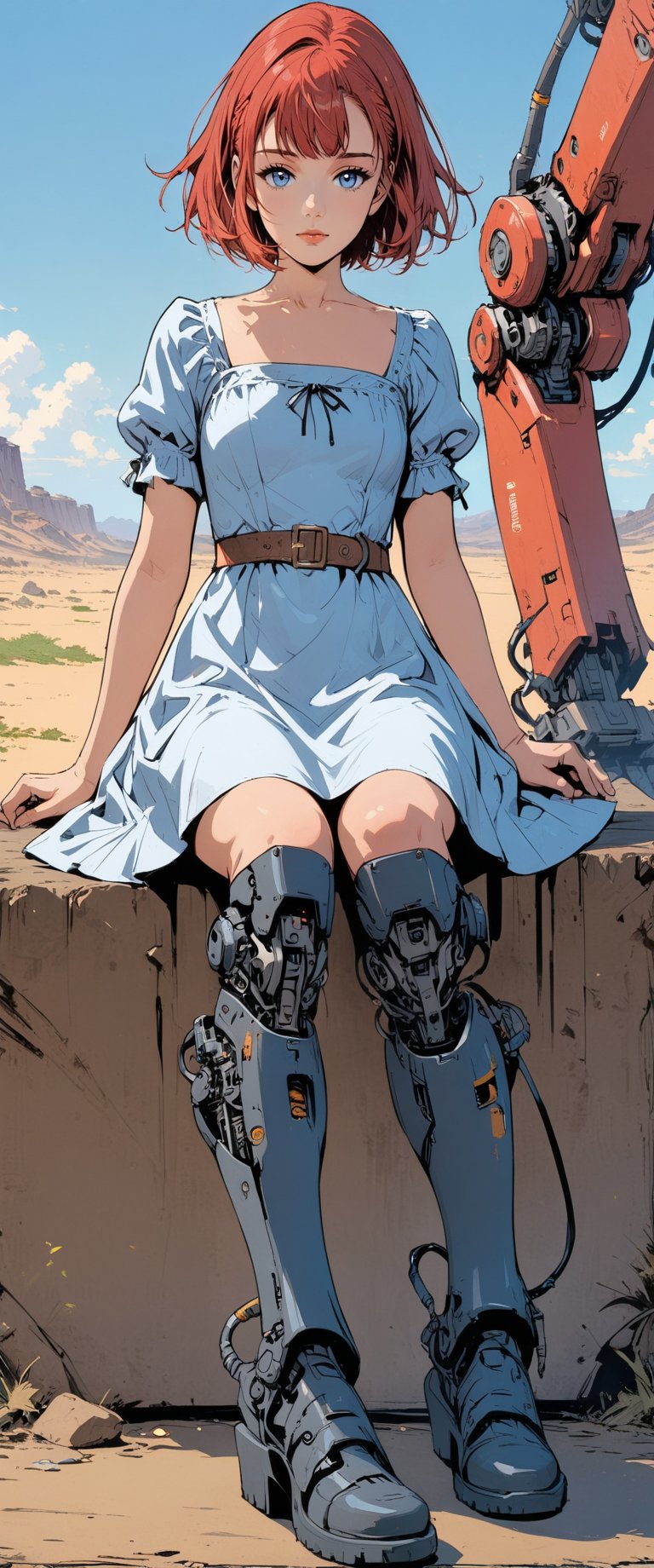 1girl, solo, looking at viewer, short hair, bangs, blue eyes, dress, sitting, closed mouth, collarbone, short sleeves, red hair, boots, outdoors, sky, black footwear, white dress, mechanical legs,anime, (masterpiece:1.2)