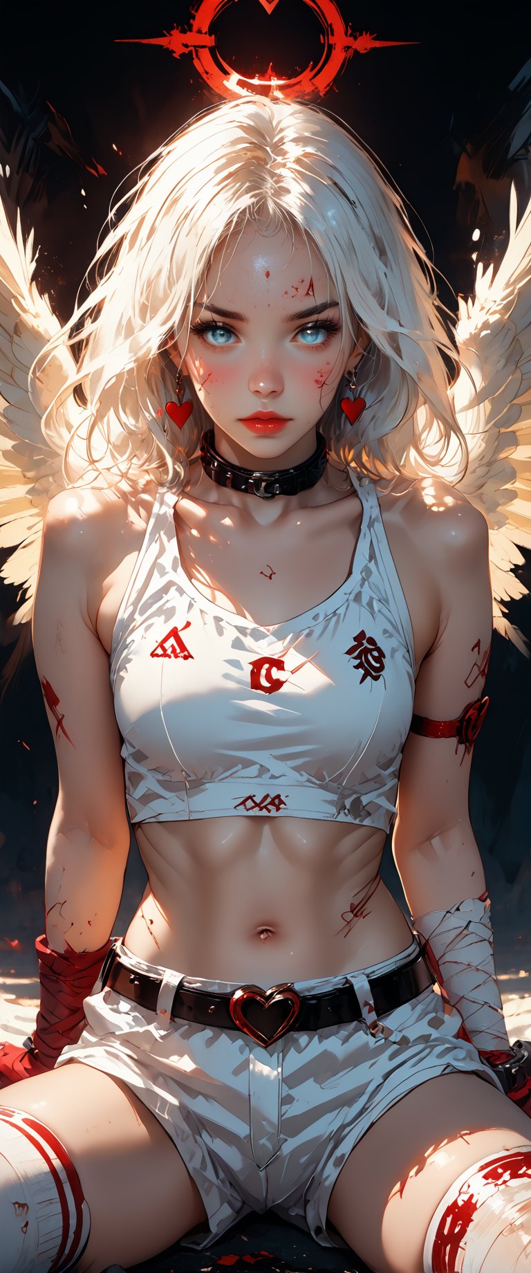 1girl, solo, looking at viewer, bangs, shirt, hair ornament, thighhighs, gloves, jewelry, sitting, white hair, heart, earrings, wings, shorts, sleeveless, choker, elbow gloves, midriff, belt, white gloves, collar, lips, crop top, grey eyes, blood, tattoo, chain, bandages, piercing, bandaid, feathered wings, angel wings, injury, white shorts, bandaged arm, realistic, white wings, bandaid on face, red lips, cuts, heart tattoo, bandaid on arm