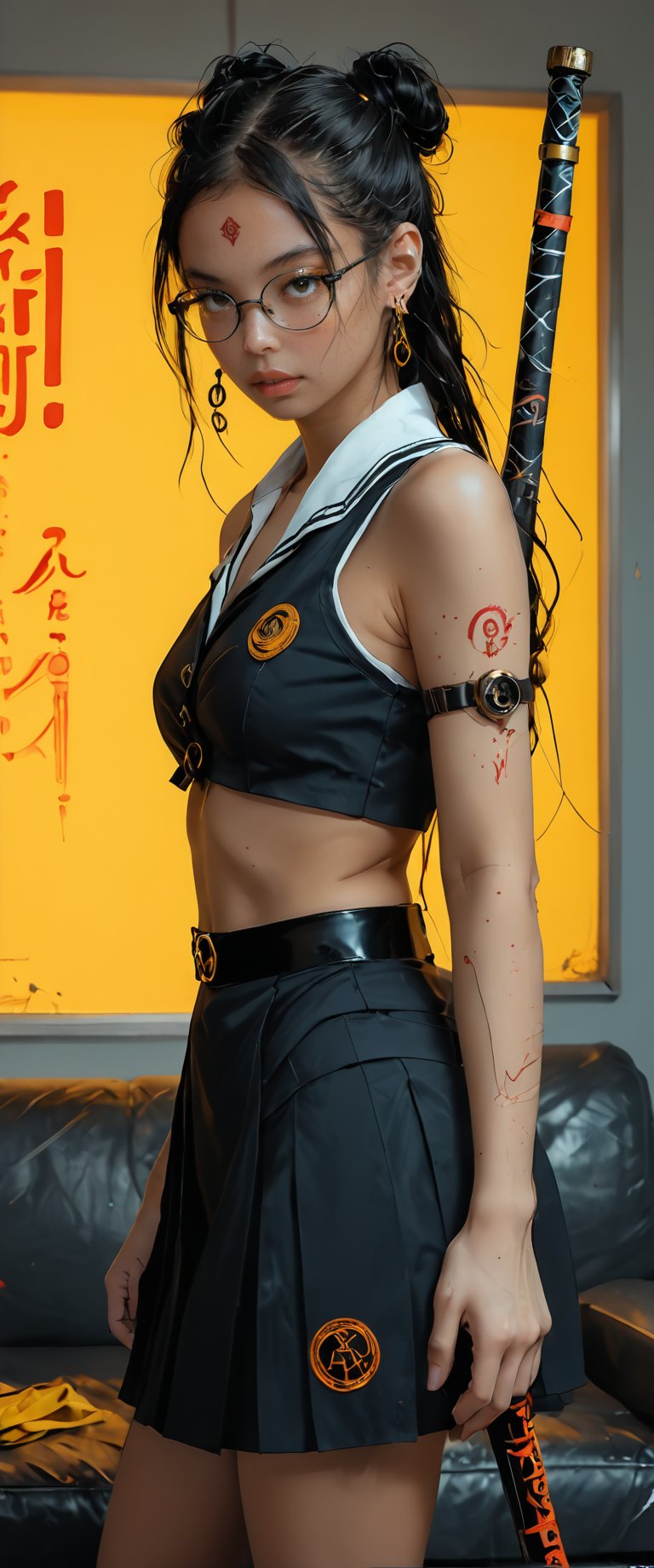 A solo android, dressed in a striking white serafuku, sits confidently on a sofa amidst a vibrant yellow neon advertisement reading CTMAKER. Her long black hair flows down her back like a dark waterfall, framing her face with bangs. A katana's sheath is held by her mechanical arm, adorned with a tattoo. The rest of her body is clad in a black school uniform skirt with sailor collar, complete with earrings and glasses. Dark piercing eyes seem to bore into the viewer from a side view, as neon ads and reflections dance across the grey background, casting an otherworldly glow on this cyberpunk vision.