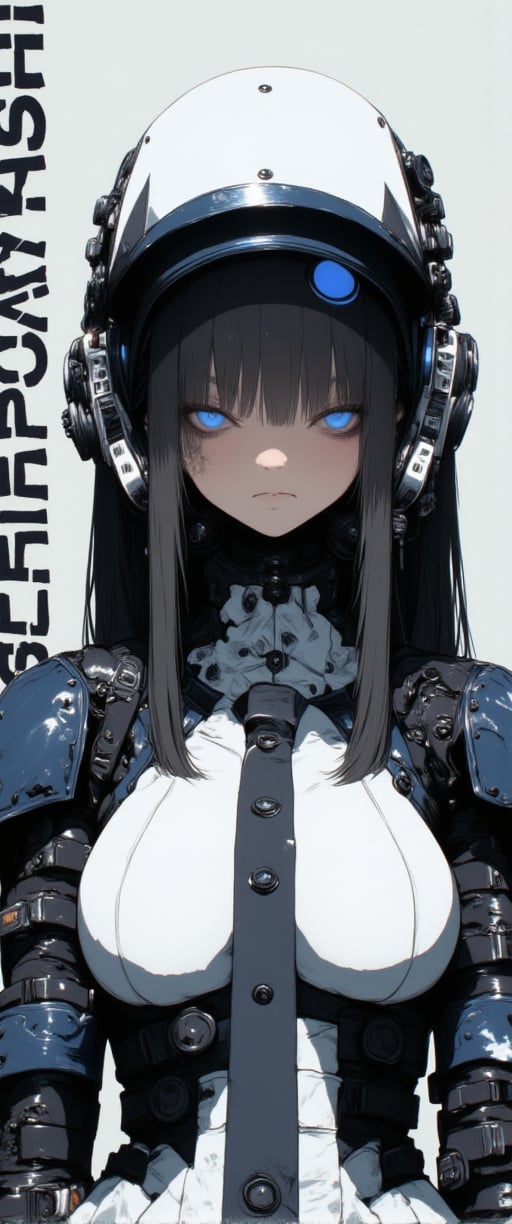 a vibrant cartoon depiction of a woman with long black hair and blue eyes stands in front of a backdrop of a white wall. The woman's face is adorned with a white helmet, adorned with black buttons and a blue light. Her eyes are adorned with blue eyes, adding a pop of color to the scene. Her black hair cascades over her shoulders, framing her face. She is dressed in a black and white robot costume, adorned in a white and black outfit. The backdrop is a pale blue, with the words "SLEEPUSICKI" written in a bold font on the left side of the image.ct-katakrat