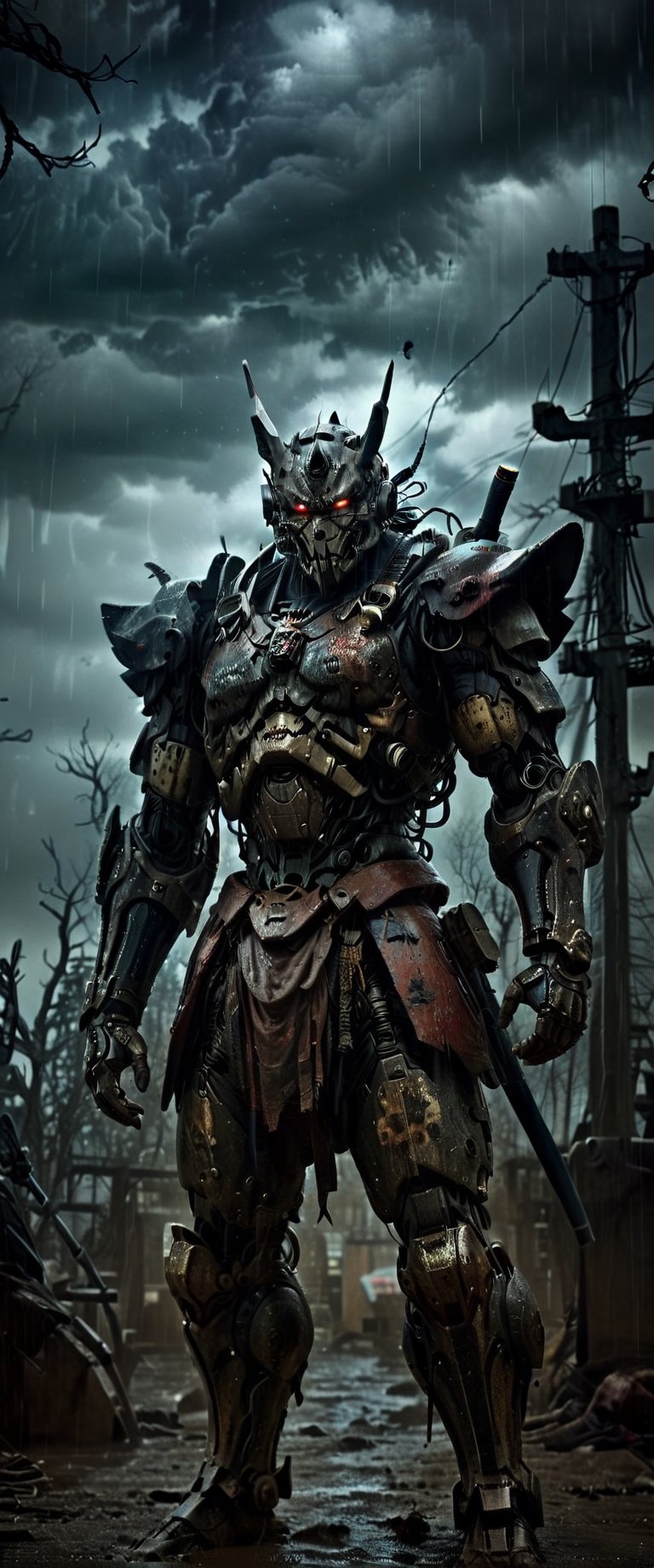 cyber Samurai looks at the enemy,  stands after the battle,  oni robot mask by ctmaker on Tensor.Art