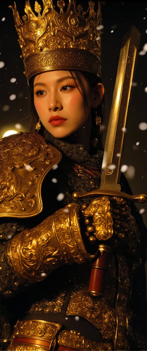 The goddess of war, Extreme Upper Body Closeup Portrait, Vibrant Amber and golden-black color graded. Her face and eyes are shaded by an oversized crown. This eerie armored Bedouin warrior witch MaleniaRot playfully holds the Blade built into Malenia's prosthetic arm up to her face, grinning mischievously. The background is snowy and shadowy, hinting at her connection to ice and frost. The glowing dark outlines define her muscular physique and ornate suit of armor, which includes a translucent amber and black chest piece with intricate designs., The 70mm lens captures every detail, framing her provocative pose within a cinematic composition that transports us to a low-res 1980s movie screen.,ct-hope,ct-coramay,ct-hope2,ct-horrority,ct-yung4