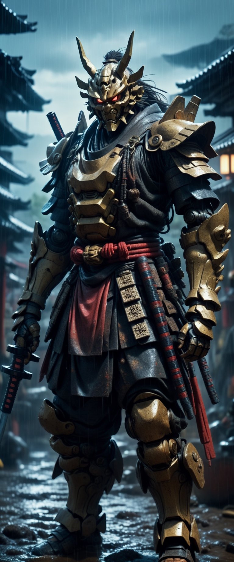 cyber Samurai looks at the enemy,  stands after the battle,  oni robot mask by ctmaker on Tensor.Art