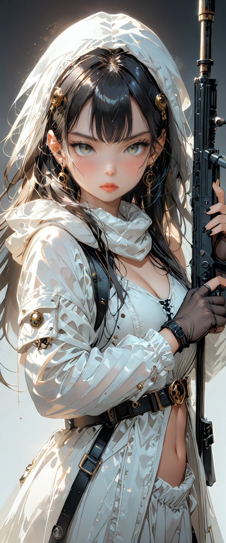 1girl, solo, long hair, looking at viewer, bangs, simple background, black hair, gloves, holding, jewelry, jacket, weapon, earrings, hood, fingerless gloves, holding weapon, see-through, gun, grey eyes, piercing, white jacket, ear piercing, holding gun, black nails, rifle,dal-27,dal-1