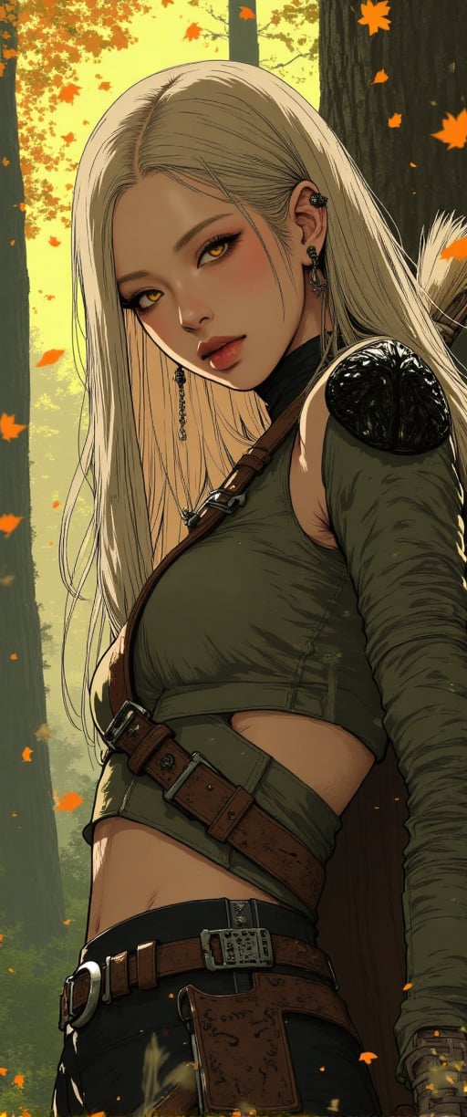 fantasy stylized illustration, elven female archer, profile view, full body shot, masterpiece, high detail, cinematic composition, dramatic lighting character details: elven woman, long blonde hair flowing in wind, pointed ears, serious and focused expression, eyes fixed on target, anime, cyberpunk, ne0nfant4sy, Anime style. pose: archer in full draw position, bow pulled back, arms taut, body angled for perfect form armor: light leather armor with leaf motifs, form-fitting for mobility, arm guards on wrists, quiver on back weapon: ornate wooden longbow, intricately carved with elven designs environment: dense forest backdrop, dappled sunlight filtering through leaves, autumn colors, falling leaves in foreground lighting: golden hour sunlight, rays piercing through trees, creating a magical atmosphere mood: tense, alert, ready for action style: highly detailed digital painting, realistic fantasy, vibrant autumn colors additional elements: leaves and particles floating in air, lens flare effects, subtle magical aura around the archer, intricate elven patterns on armor and bow composition: character positioned on left third of frame, arrow pointing towards right side, creating dynamic tension,ct-rosity