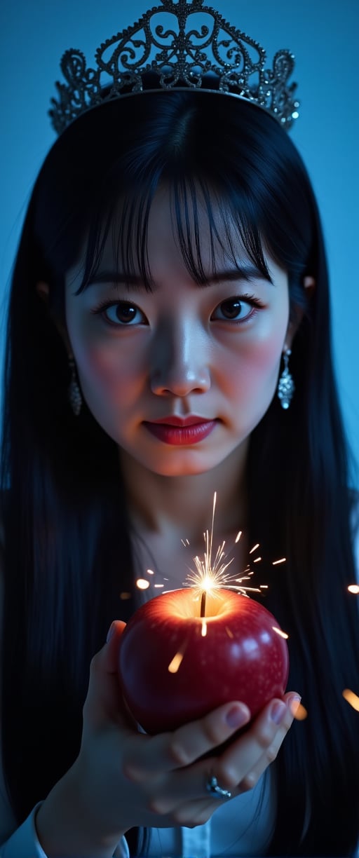 A cinematic close-up shot of a single girl with long, flowing hair and piercing blue eyes, gazing directly at the viewer. Dimly lit, the scene is bathed in misty, realistic lighting that accentuates her features. Her bangs frame her face as she holds a juicy red apple, its sparks catching the light. Chiaroscuro highlights the contours of her upper body, where she wears elegant earrings and a delicate crown. Freckles dance across her cheeks as her lips curve into a subtle smile. The blue background adds depth to the composition, with the dark tones creating a sense of mystery., ct-jissoo,ct-amantity,ct-chasartre,ct-hyuntity