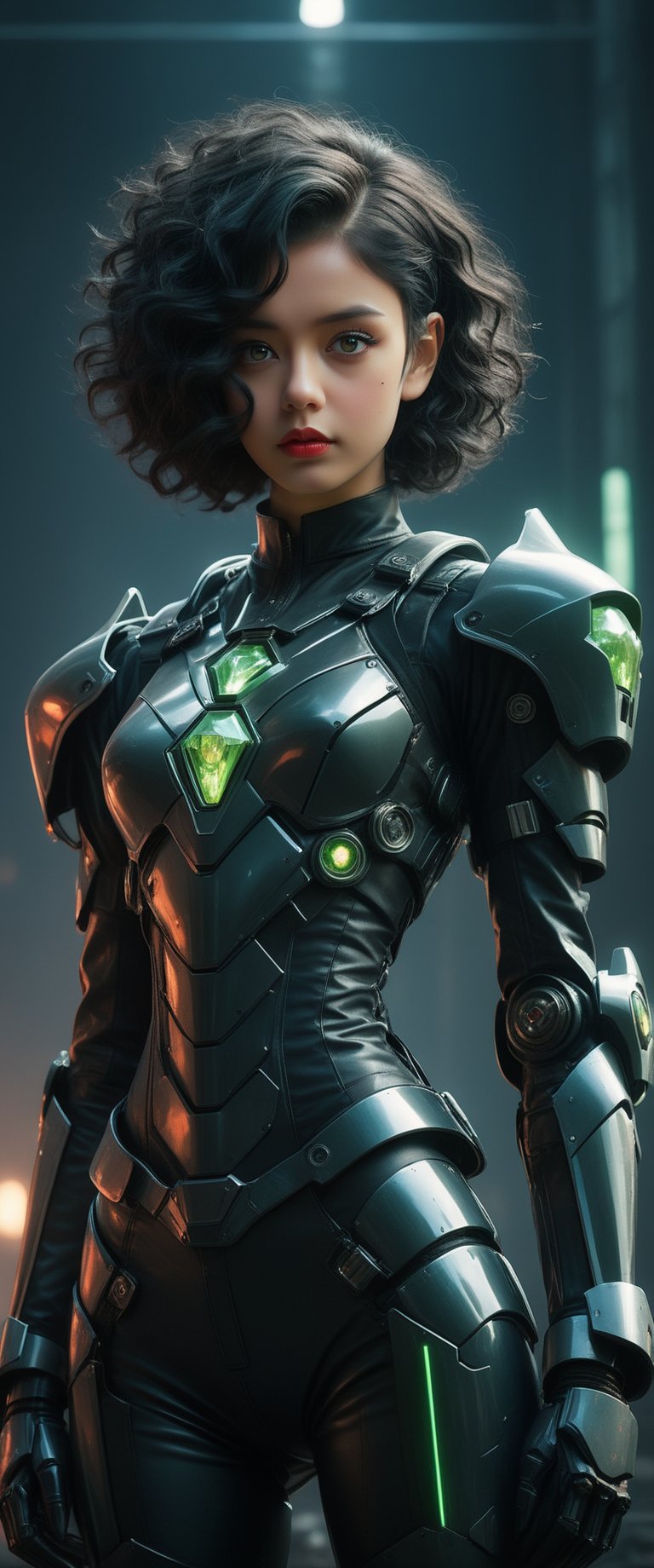 (by Loish, Leyendecker, james gilleard),  A full body shot of a young goth woman, short black curly hair, slightly smiling, one raised eyebrow, wearing a black metal cyborg suit , red lips, dark eye makeup, dark future battlefield background, ,heavy_jacket,Fire Angel Mecha,mecha\(hubggirl)\,Green Crystal Mecha