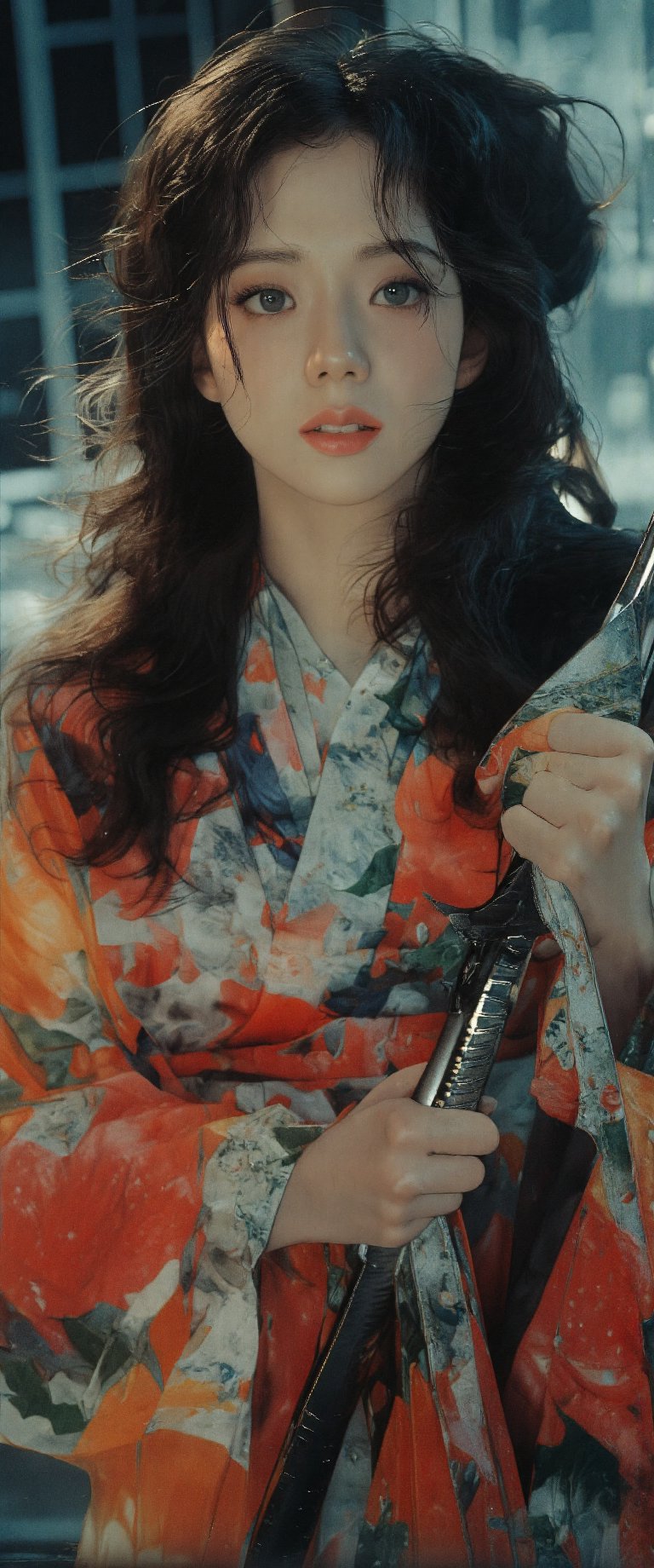 A cinematic still: a lone woman, dressed in traditional Japanese attire, stands confidently with a crimson-lipped gaze directed at the viewer. Framed by a blurred background, her striking figure dominates the composition. Chestnut-brown hair cascades down her back like a waterfall, while piercing brown eyes seem to bore into the soul. In her right hand, she holds a majestic katana, its blade glinting in dramatic cinematic lighting that casts shadows across her face. A floral print kimono billows around her legs, exuding an air of poised intensity as if ready to charge into battle., ct-jissoo