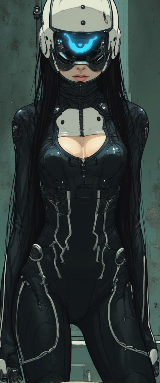 A vibrant cartoon woman stands , t. Her long black hair cascades over her shoulders, framing her face with white helmet adorned with black buttons and a blue light. Blue eyes pop against the dark locks. A black and white robot costume wraps around her, . Amidst this moody, atmospheric setting, her elegant posture exudes an enchanting contrast, drawing us in to unravel the secrets of her mysterious world.,ct-identityV2,ct-colority,ct-sensanime,ct-bustyy2,ct-chainb,ct-fititty,ct-leetity,ct-vero13,ct-blondie,ct-smeraldity