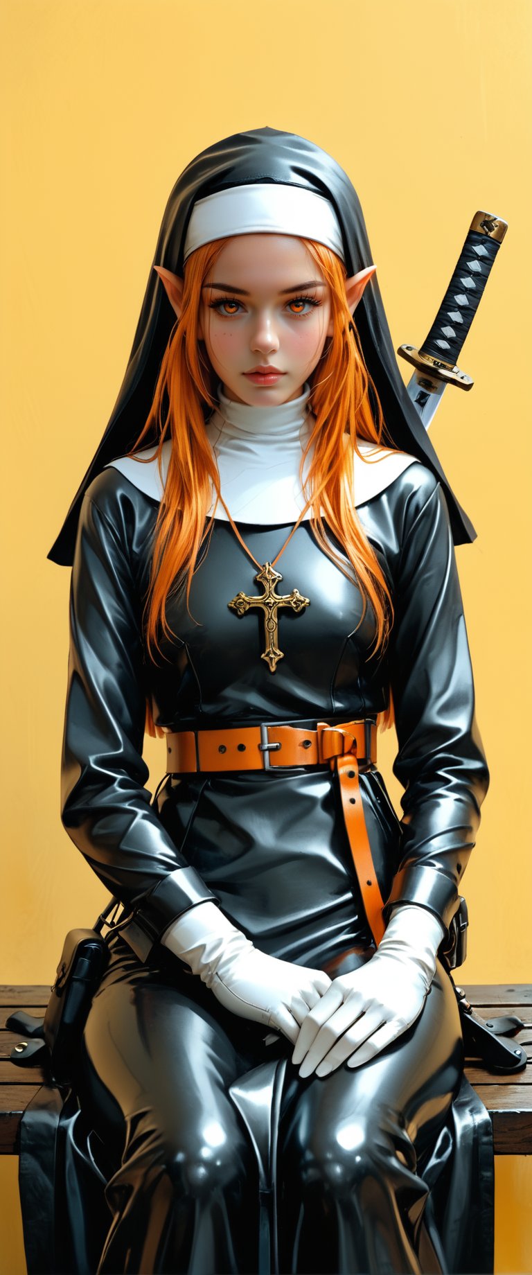 1girl,sexy,latex, thight,  solo, long hair, looking at viewer, , simple background, gloves, long sleeves, sitting, closed mouth, weapon, pointy ears, belt, sword, orange eyes, wariza, katana, sheath, yellow background, pouch, sheathed, orange background, nun, habit, scabbard, weapon on back