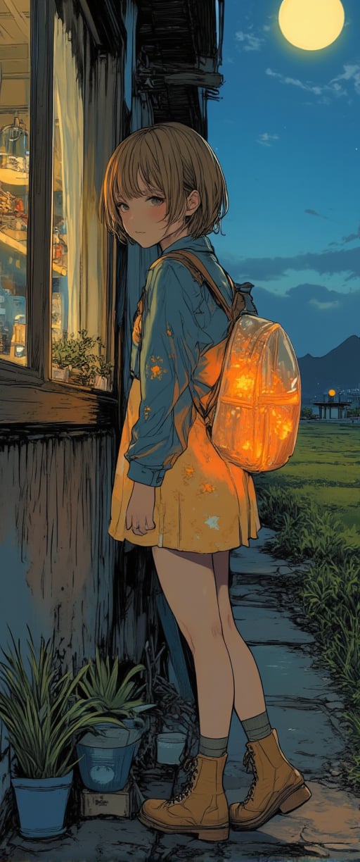 a medium-sized anime girl stands in front of a window(night). She is wearing a light-colored dress, adorned with a floral pattern, and a pair of brown boots with laces on them. Her hair is short, cascades over her shoulders, adding a touch of warmth to the scene. The girl's dress is adorned with small orange stars and a blue shirt with a white design on it, she is wearing a luminiscent and transparent cristal backpack,glowing. She stands on a concrete sidewalk, her left leg is crossed, and her right leg is slightly bent at the elbow. Her left foot is crossed at the knee, while her right foot is straight at the bottom. The backdrop is a vast expanse of grass, with a mountain in the distance. The sky is a deep blue, and the moon is setting, creating a soft glow.