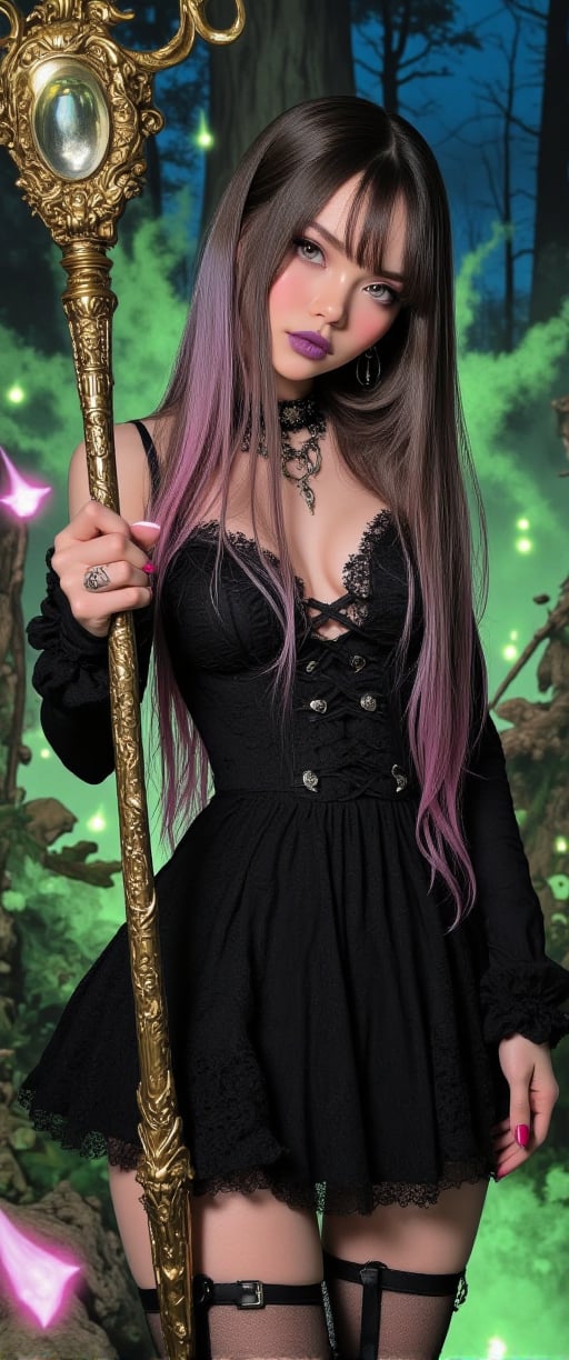 A full-body view of a pastelgoth character standing confidently, holding a golden wooden magic stick in her right hand. She wears a black lace dress with pastel accents in soft pinks, purples, and mint greens, with silver accessories and spiked choker. Her hair is long, dyed in gradient pastel colors, with dark roots adding contrast. She has heavy makeup, with bold black eyeliner and deep purple lipstick. The magic stick in her hand gleams with an ethereal glow, with intricate carvings on its golden wood surface. The background is an enchanted forest at twilight, with glowing mist swirling around her feet, adding a mystical and surreal atmosphere. Soft lighting casts subtle shadows, emphasizing the dramatic contrasts between her dark and pastel elements, giving the scene a slightly gothic, yet magical vibe.
,ct-yung4,ct-eun2,ct-emylyyy,ct-vlaoba