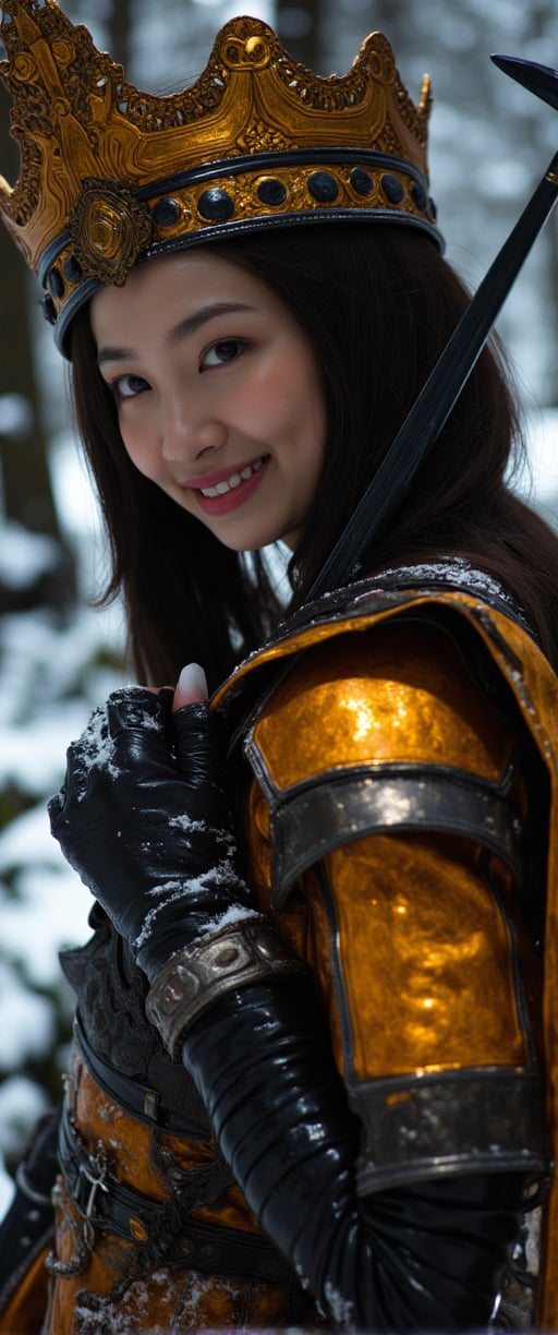 The goddess of war, Extreme Upper Body Closeup Portrait, Vibrant Amber and golden-black color graded. Her face and eyes are shaded by an oversized crown. This eerie armored Bedouin warrior witch MaleniaRot playfully holds the Blade built into Malenia's prosthetic arm up to her face, grinning mischievously. The background is snowy and shadowy, hinting at her connection to ice and frost. The glowing dark outlines define her muscular physique and ornate suit of armor, which includes a translucent amber and black chest piece with intricate designs., The 70mm lens captures every detail, framing her provocative pose within a cinematic composition that transports us to a low-res 1980s movie screen.,ct-hope,ct-coramay,ct-hope2,ct-horrority,ct-yung4,ct-kds