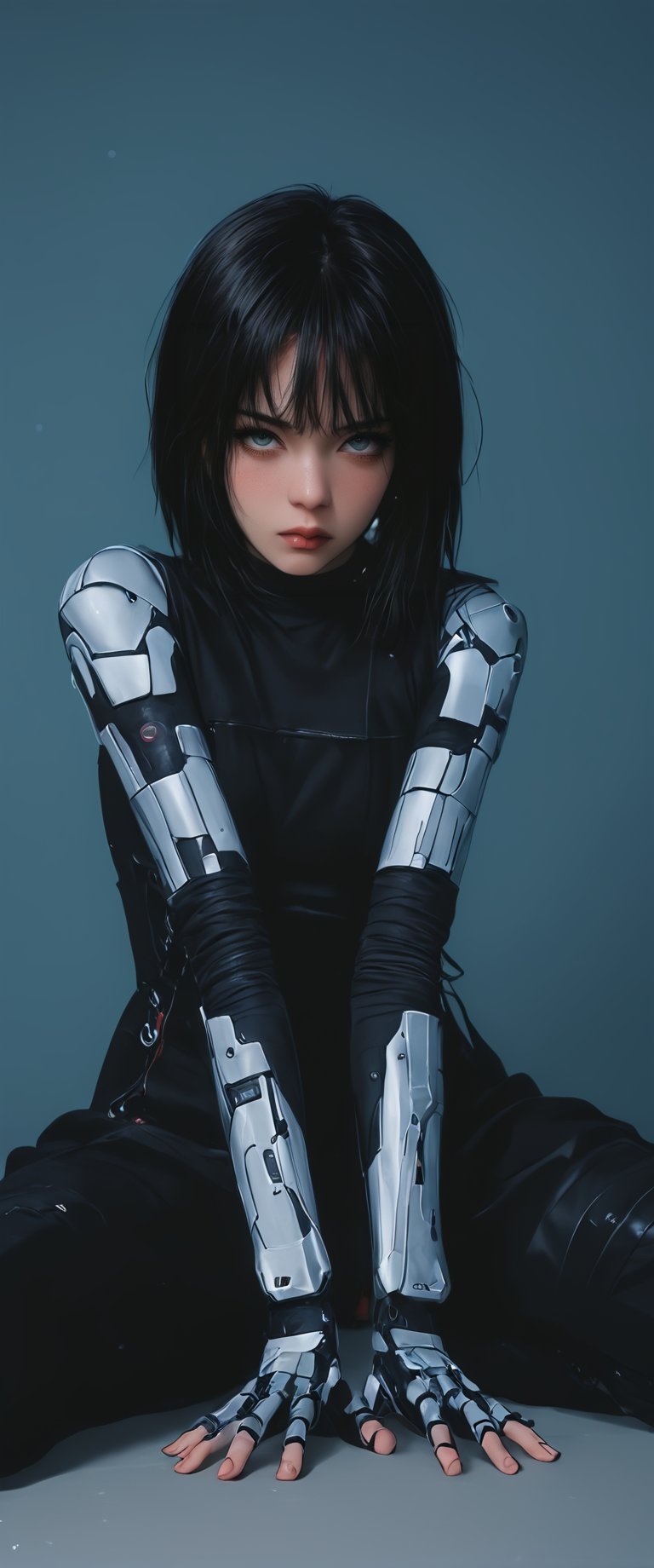 A solo female cyborg stands tall,  gazing directly at the viewer with a fierce intensity. Her short,  black hair is styled...