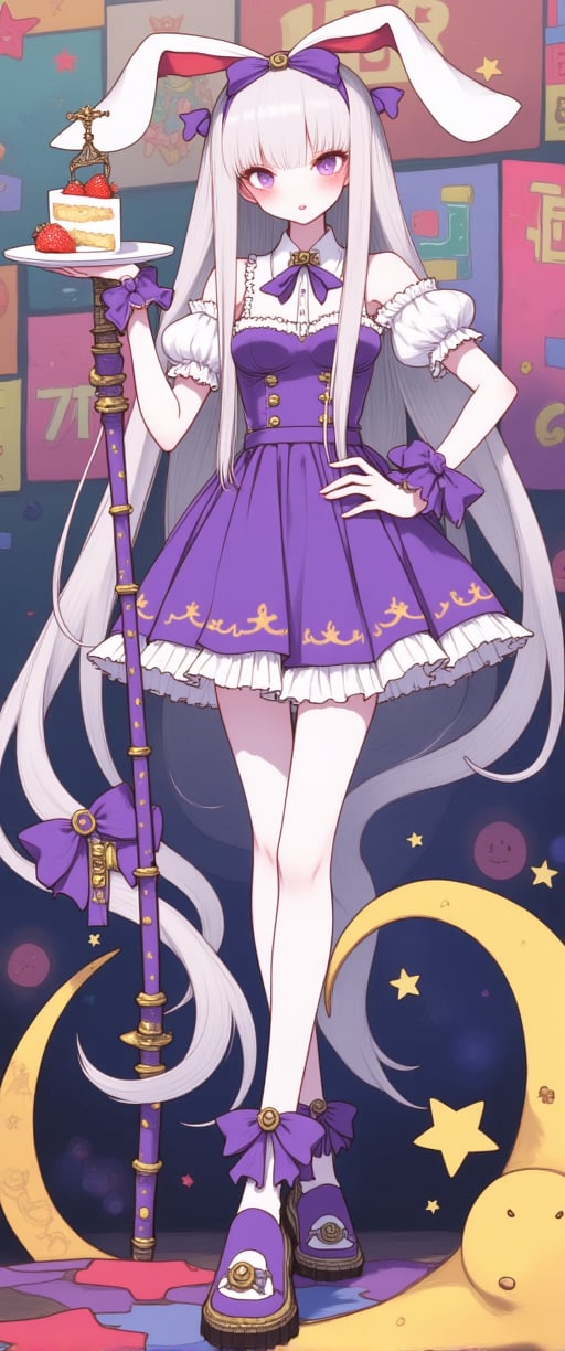 An eccentric fantasy girl stands confidently in front of a colorful backdrop in a short-sleeved ruffled dress and thigh-high white stockings. Her long grey hair flows down her back and is tied with a purple ribbon, on top of which she has bunny ears. She stares straight at the viewer with a blush on her cheeks and playfully sticks out her tongue while holding a plate with a slice of strawberry cake and a bottle of sparkling drink. A crescent-shaped walking stick adorned with stars and star symbols leans against her leg. Her outfit is completed with purple bow-tie-like gloves that match her footwear. The overall atmosphere is vibrant, excited and playful. VNS_Add more details,Color,1girl
