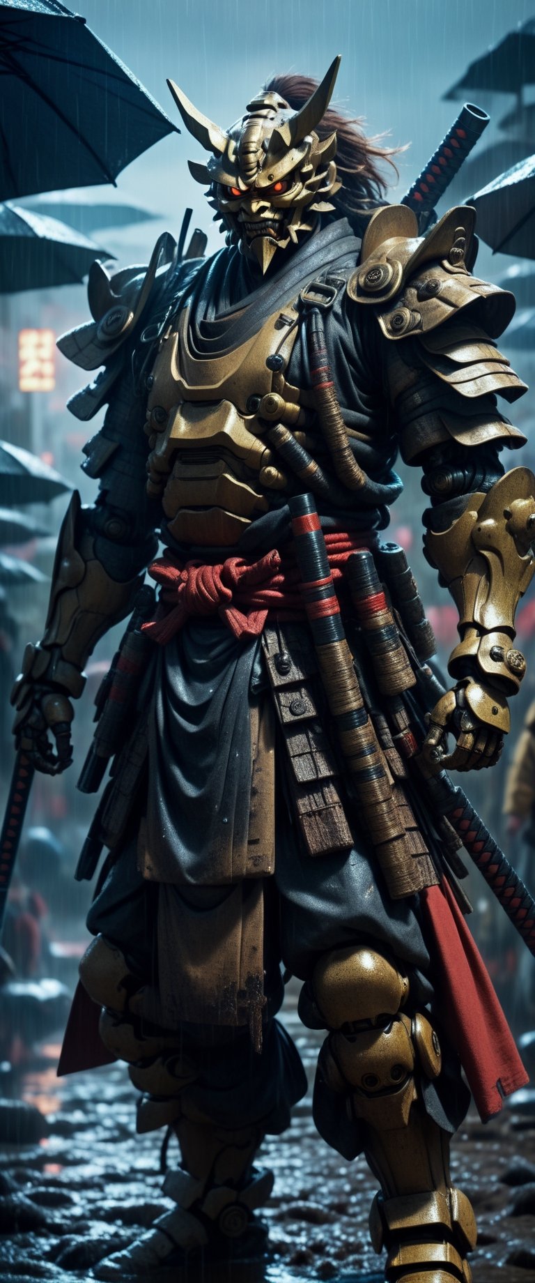 cyber Samurai looks at the enemy,  stands after the battle,  oni robot mask by ctmaker on Tensor.Art