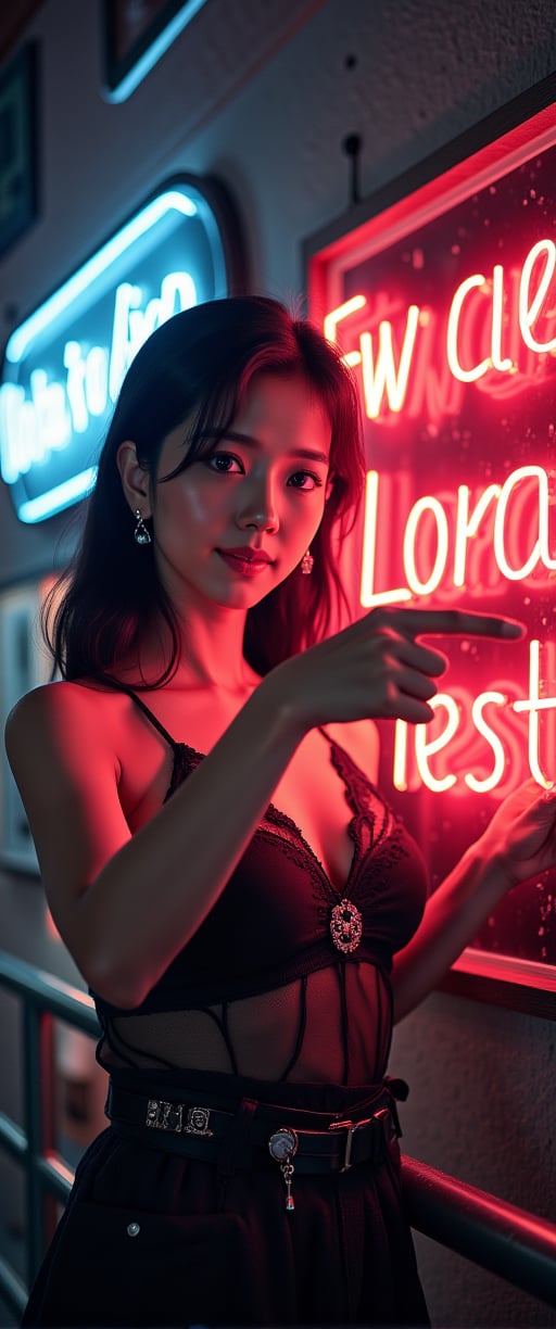 A very beautiful woman is pointing at the viewer and smiling, pointing at a large neon sign that says "New Lora Test". The background is dark gothic  with  dark tones in a Japanese style. Detailed texture, high quality, high resolution, high precision, realism, color correction, good lighting settings, harmonious composition, Behance work, watercolor, text, the text is "",ct-kjbp,ct-muun,ct-kbright