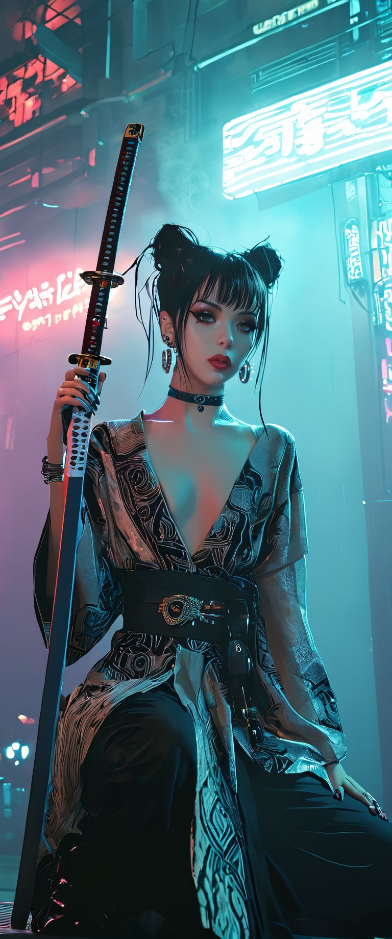 Prompt: In a dimly lit, smoky cyberpunk club, a femme fatale cyborg sits solo, her mechanical joints gleaming in the flickering light. Her striking features, framed by short hair and bangs, are adorned with jewelry and a black choker. she pets a snake that gazes directly at the viewer. She wears a revealing seethrough kimono, paired with Japanese-style earrings, and holds a katana surrounded by the dark, gritty atmosphere. Her gaze is sultry, exuding an air of sexy sophistication, as if inviting the viewer to enter her world. The scene is set in a Conrad Roset-inspired style, with a focus on dark, muted tones and industrial textures.,core_9,scary, (masterpiece:1.2),ct-virtual,dcas_lora
