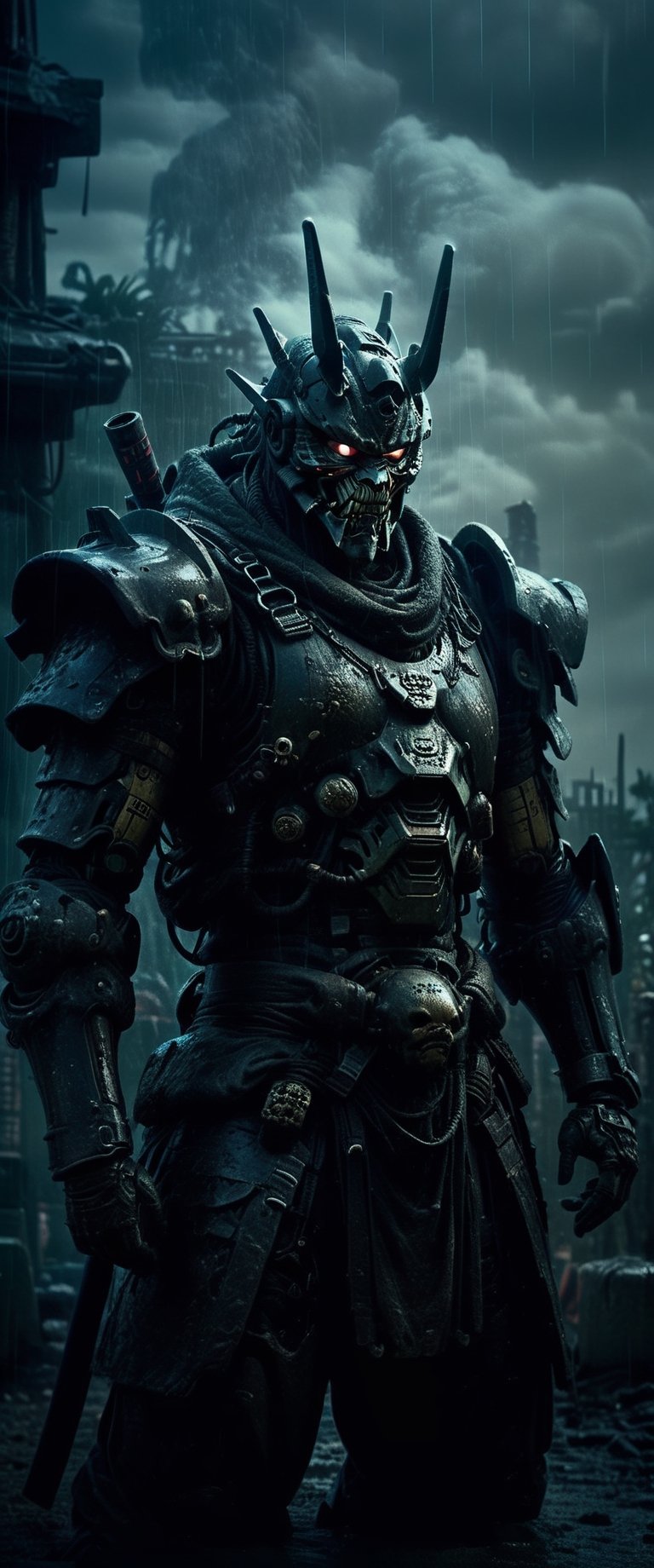 cyber Samurai looks at the enemy,  stands after the battle,  oni robot mask by ctmaker on Tensor.Art