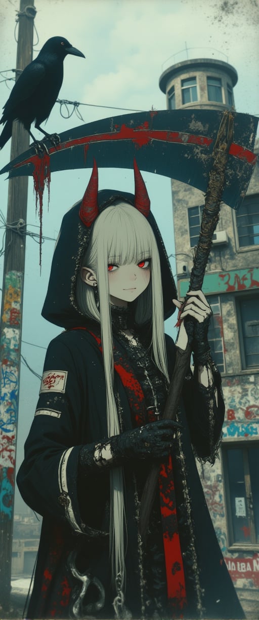 
    A hauntingly beautiful scene unfolds before us: a woman (( half-demon woman with striking features: red eyes, white hair, and double red horns on a mature face, donning elf ears. She is posing with a sly smile, holding the reaper scythe)) and a dramatic black coat stands resolute in front of a decrepit building, its weathered walls adorned with vibrant graffiti. The atmosphere is somber, lit by the diffused light of a cloudy day. To her left, a black raven surveys its surroundings from atop a utility pole, as if observing the woman's solemn posture. The muted blue sky and smoggy haze add depth to the composition, while the rustic charm of the graffiti-covered building provides a poignant contrast to the woman's somber demeanor.,n30nfilm,ct-physmstyle,flmft photo style,Kodak Vision3 500T analog film stocks style,Polaroidx