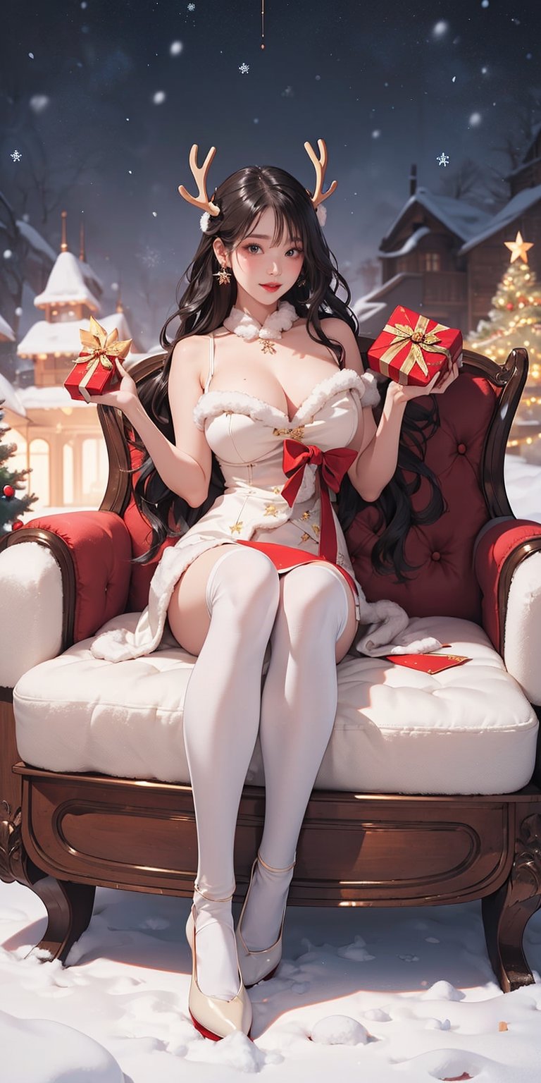 A young girl in full fluffy christmas costume with patterned pantyhose and black armor,  flying over snowy plains in a christmas night. Sitting crosslegged on a christmas sleigh with reindeers. she is holding a giant xmas gift box,  Huge cleavage,  barely visible areola. beige skin with tanlines. Shiny skin. She has extra long wavy brown hair adorned reindeer antlers and snowflakes. Snowing. Her expression is  happy and cheerful,  and her eyes are shining with joy. The christmas vibes,  cozy christmas wonderland, Enhance, (PnMakeEnh), ruined makeup, Snow,realistic, octane render, unreal engine 5, trending on artstation, midjourney,1 girl, SAM YANG, realhands, SAM YANG,iu