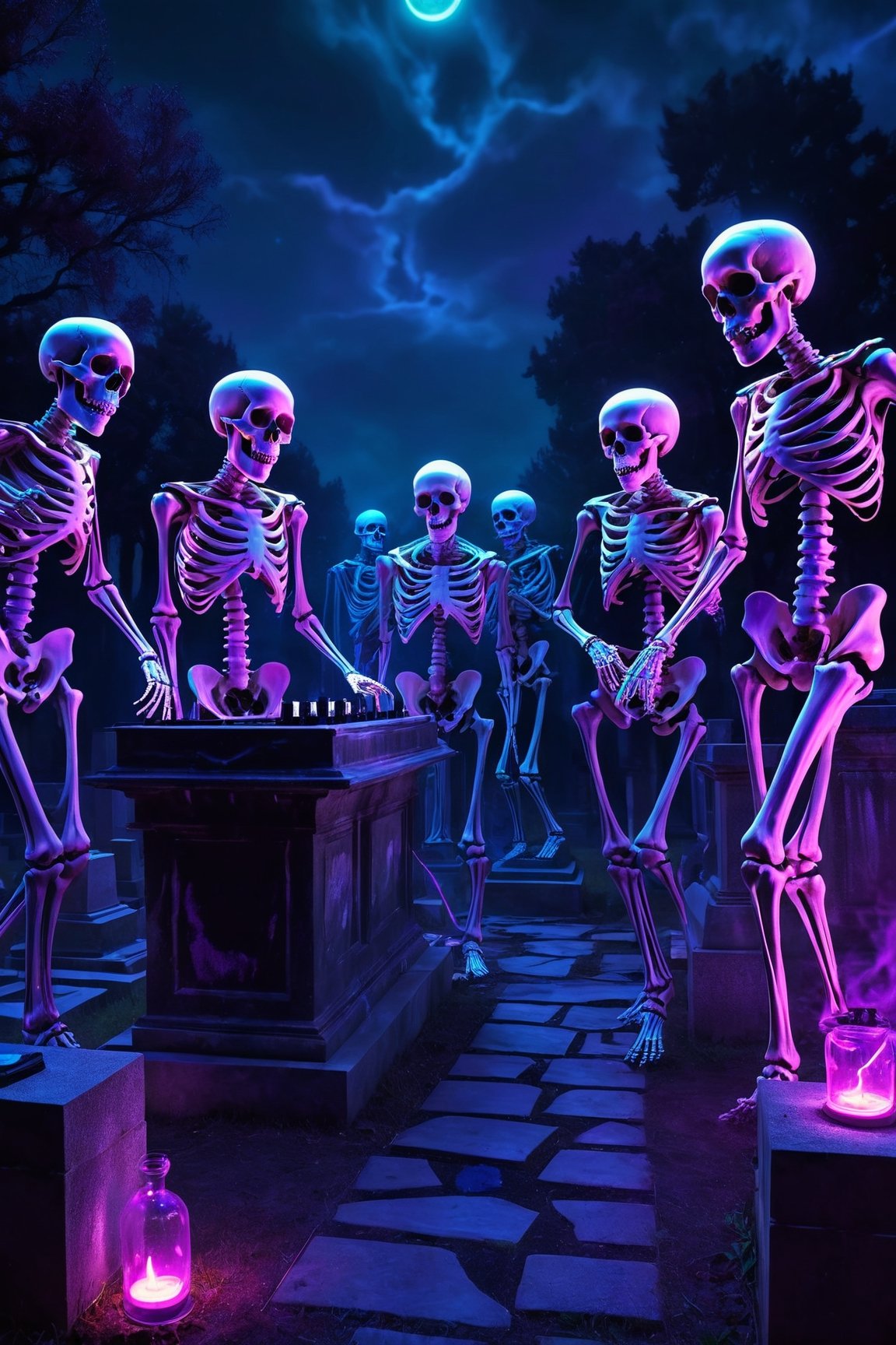 a group of skeleton dj dancing in a cementery party,  ,  . dark tense and unsettling atmosphere.cementery by ctmaker on Te...