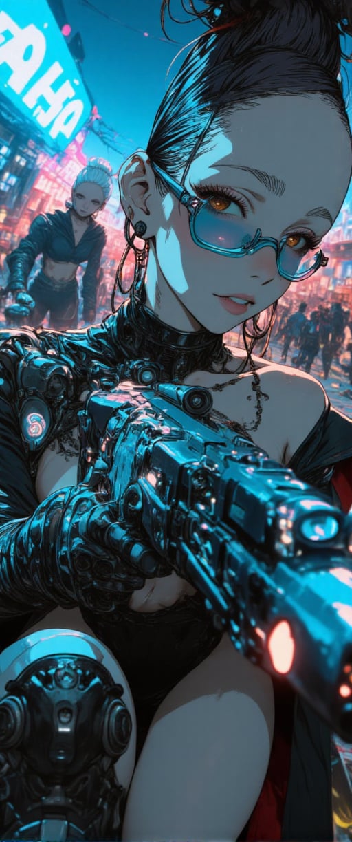 A Luminogram of An animated image of a Comic book style of cybernetic female, holding tactical assault rifle, tattoo, full body, porcelain face, intricate details, 2d, detailed action background, an android young woman with black fauxhawk haircut in a mind-reading device creates controversy, science fiction western, a virtual reality game with real-life consequences, a cyberpunk cartoon, The art style is sleek and polished, with clean, precise lines that contrast with the gritty world it portrays, it has a semi-realistic style, Each detail is sharp, from the smooth, reflective surfaces of cybernetic limbs to the crisp outlines. The overall look is refined, capturing a high-tech elegance amidst the dystopian backdrop, where every elementâfrom intricate machinery to flowing organic formsâis meticulously rendered with a sense of precision and understated sophistication. great care is taken to depict the young woman to have anatomically correct arms and hands,.
.glasses

,ct-biskitity,ct-kds,ct-chasartre,ct-abu,ct-voluptuous,ct-sensanime,momo,ct-skyzo2