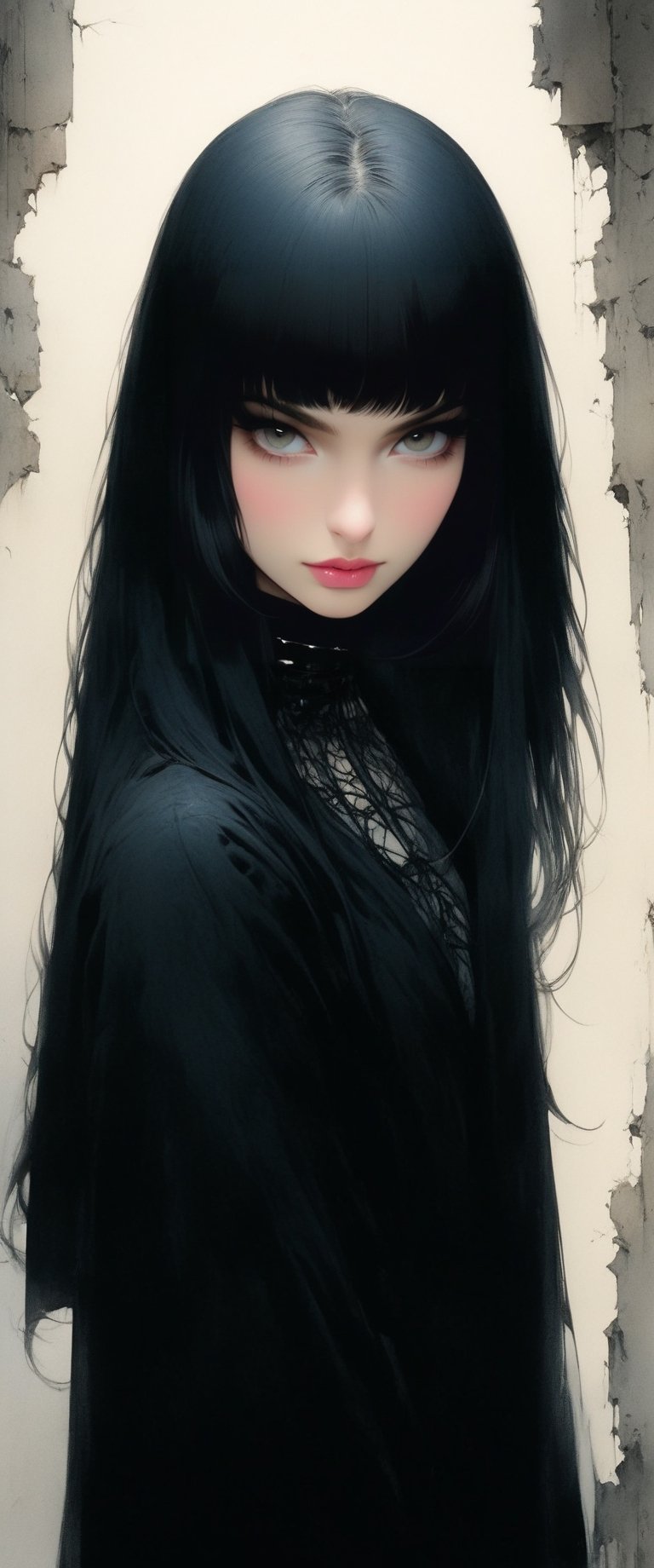Mysterious dark watercolor creepypasta illustration,  girls looks like death in comics The Sandman line art watercolor was...