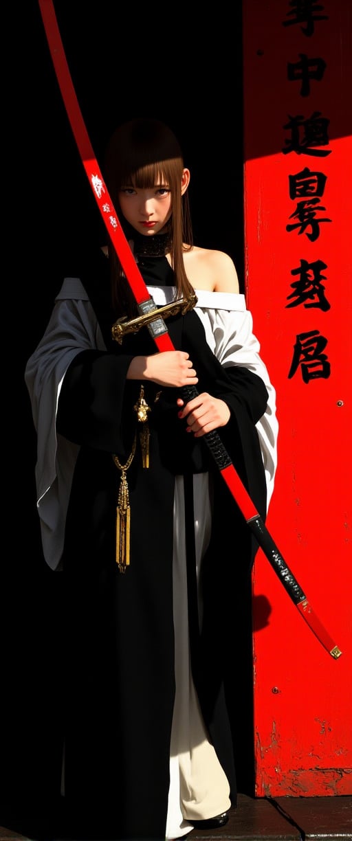 a vibrant illustration of an Asian woman stands in front of a dark backdrop. The woman, dressed in a black and white outfit, is holding a red sword in her right hand. Her right arm is wrapped around her waist, while her left arm is bent at the elbow. Her left hand is draped across her left shoulder, holding the sword with a silver handle. The sword casts a shadow on the left side of the image, adding a pop of color to the scene. To the right of the woman, there is a red door with Asian characters written on it. The background is dark, creating a stark contrast with the woman's outfit.