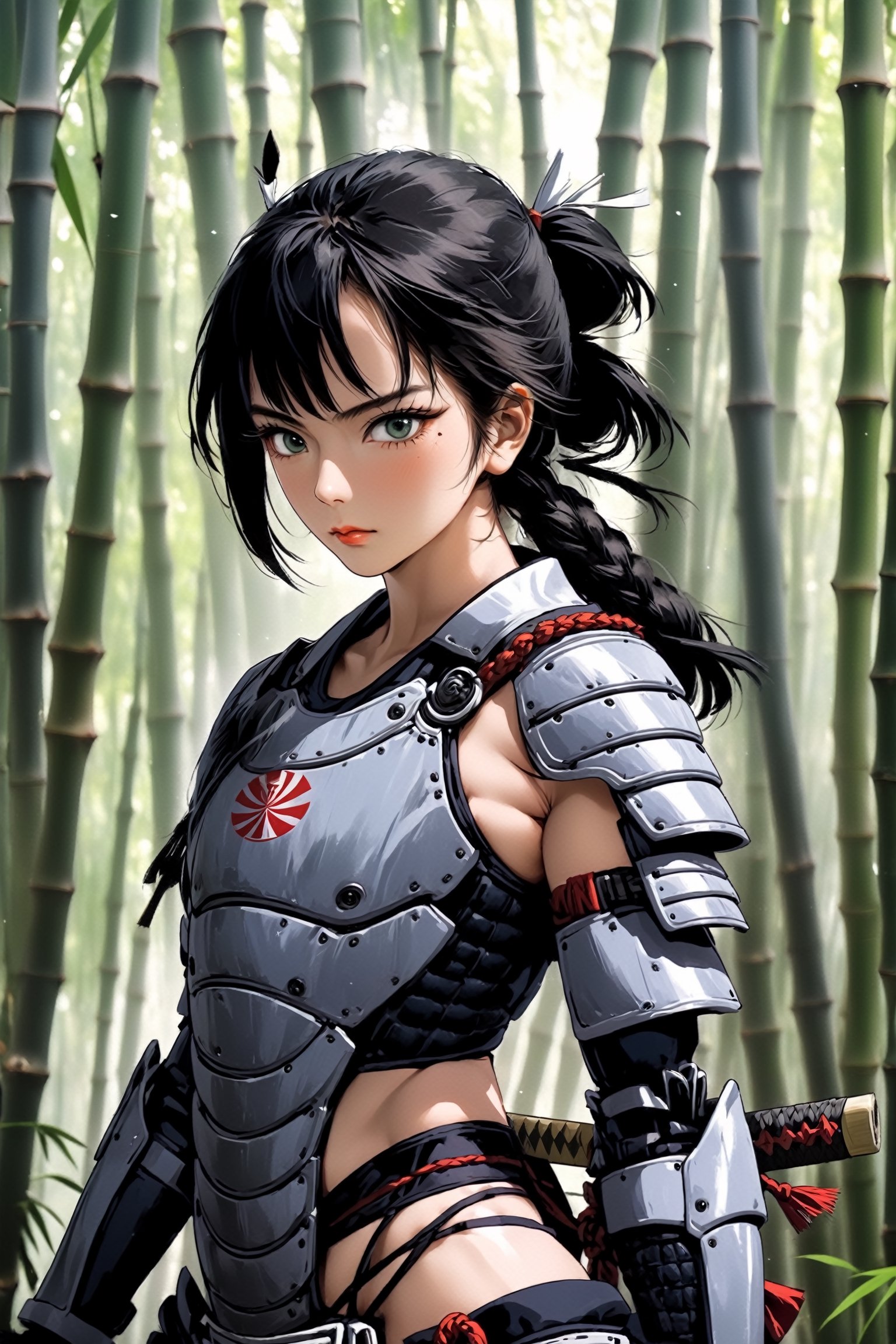 poster of a sexy woman  [samurai]  in a  [bambu forest ], midnight , eye angle view, designed by mike mingola,aw0k nsfwfactory,aw0k magnstyle,danknis,sooyaaa,Anime ,cyborg style