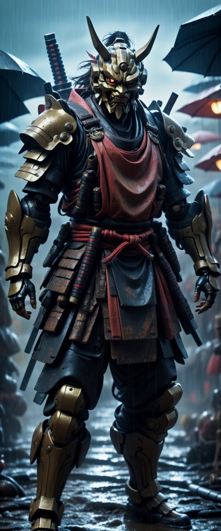 cyber Samurai looks at the enemy,  stands after the battle,  oni robot mask by ctmaker on Tensor.Art