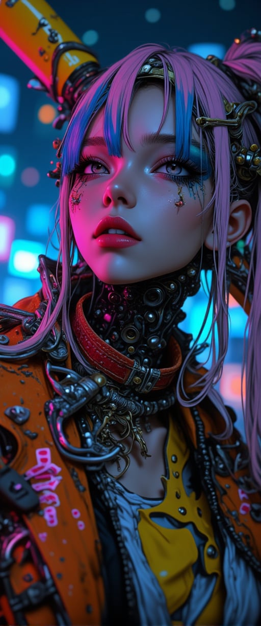 Here's a high-quality, coherent SD prompt based on the input: A close-up shot of a automata woman ' in her a cyberpunkpunk attire,mechanical joints, mechanical parts, wires,joints captured in ultra-high definition. She stands confidently, baseball bat held aloft, with vibrant hair styled in alternating blue, pink, and yellow hues. Her face is a masterpiece of dark makeup, featuring heavy eyeliner, red lipstick, . Sharp focus on her intense eyes, with a deep depth of field , . The background is a dark urban landscape with a blue-purple hue, contrasting strikingly with her colorful outfit. High-contrast lighting creates a cinematic atmosphere, with atmospheric shadows adding to the moody tone. Professional photography and 32K UHD resolution deliver photorealistic details, vivid colors, and high dynamic range. A truly impactful and visually stunning image, perfect for an action-packed movie poster.,ct-colority