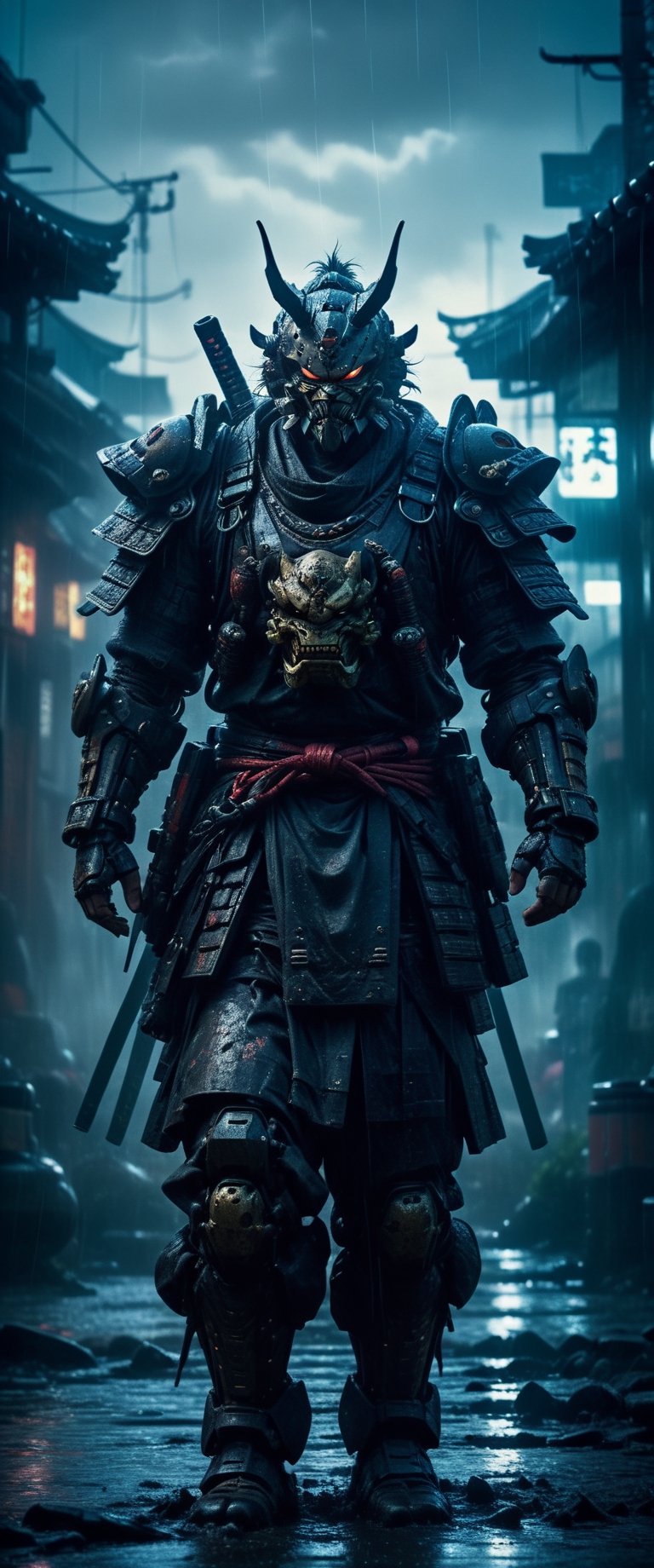 cyber Samurai looks at the enemy,  stands after the battle,  oni robot mask by ctmaker on Tensor.Art