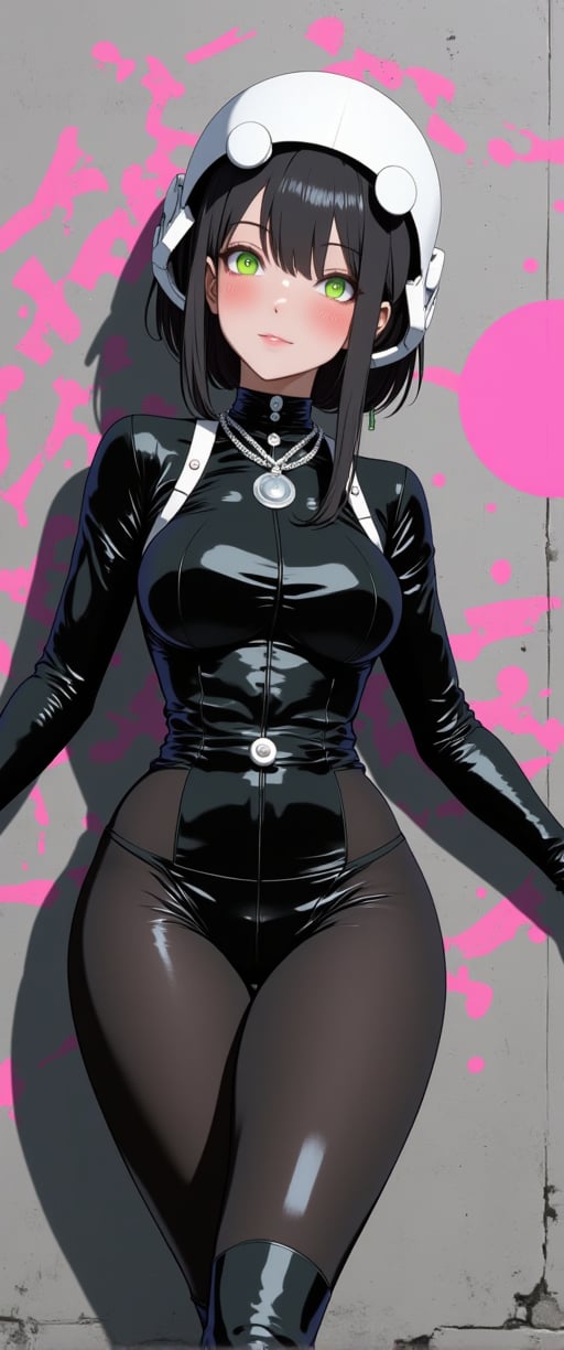 An animated animated image of a woman with black hair and green eyes. She is wearing a black leather outfit with a silver necklace around her neck. She has a silver pendant hanging from her chest. Her arms are outstretched and her legs are crossed. Her head is encased in a white helmet that is adorned with a white design. The background is a gray wall with pink graffiti on it. To the right of the woman is a pink circle with a black circle in it.